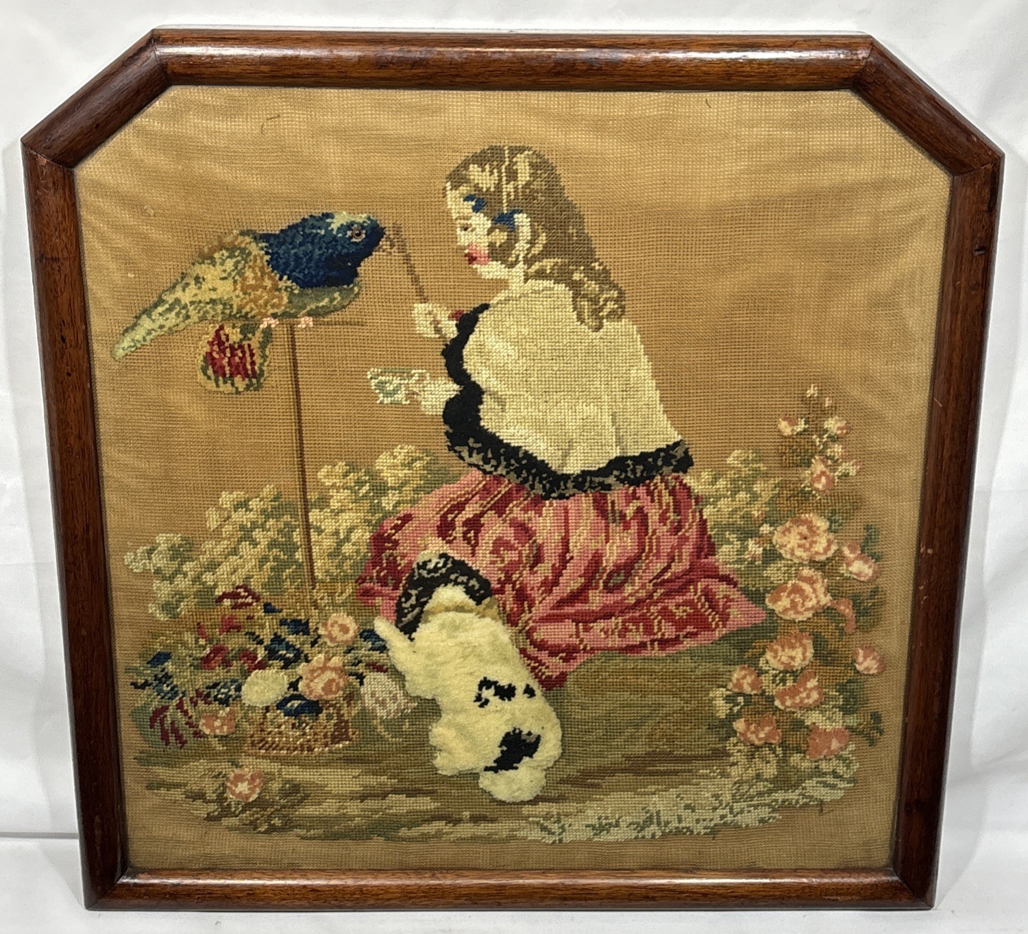 Antique Needlepoint Stumpwork Plushwork King Charles Spaniel Girl Parrot Flowers