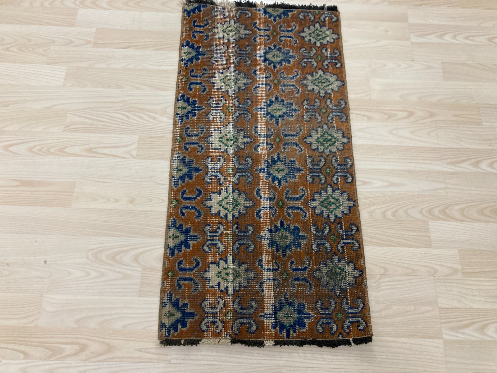 Vintage Turkish Wool Doormat 1.4 x 2.9 Ft Orange Blue Tribal Handwoven Small Rug