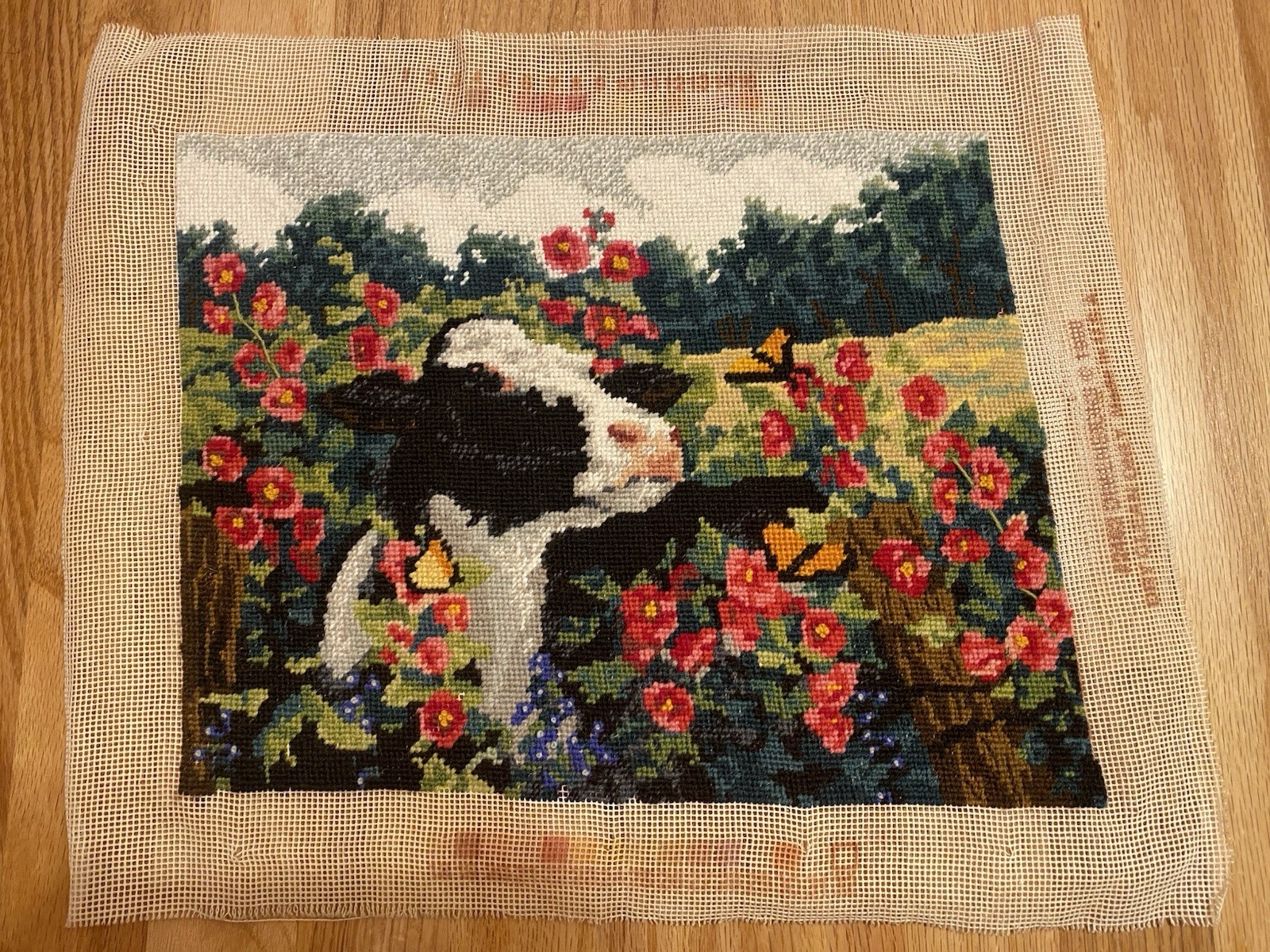 Vtg Dimensions Heidi in the Hollyhocks Needlepoint Completed Cow Joy Campbell