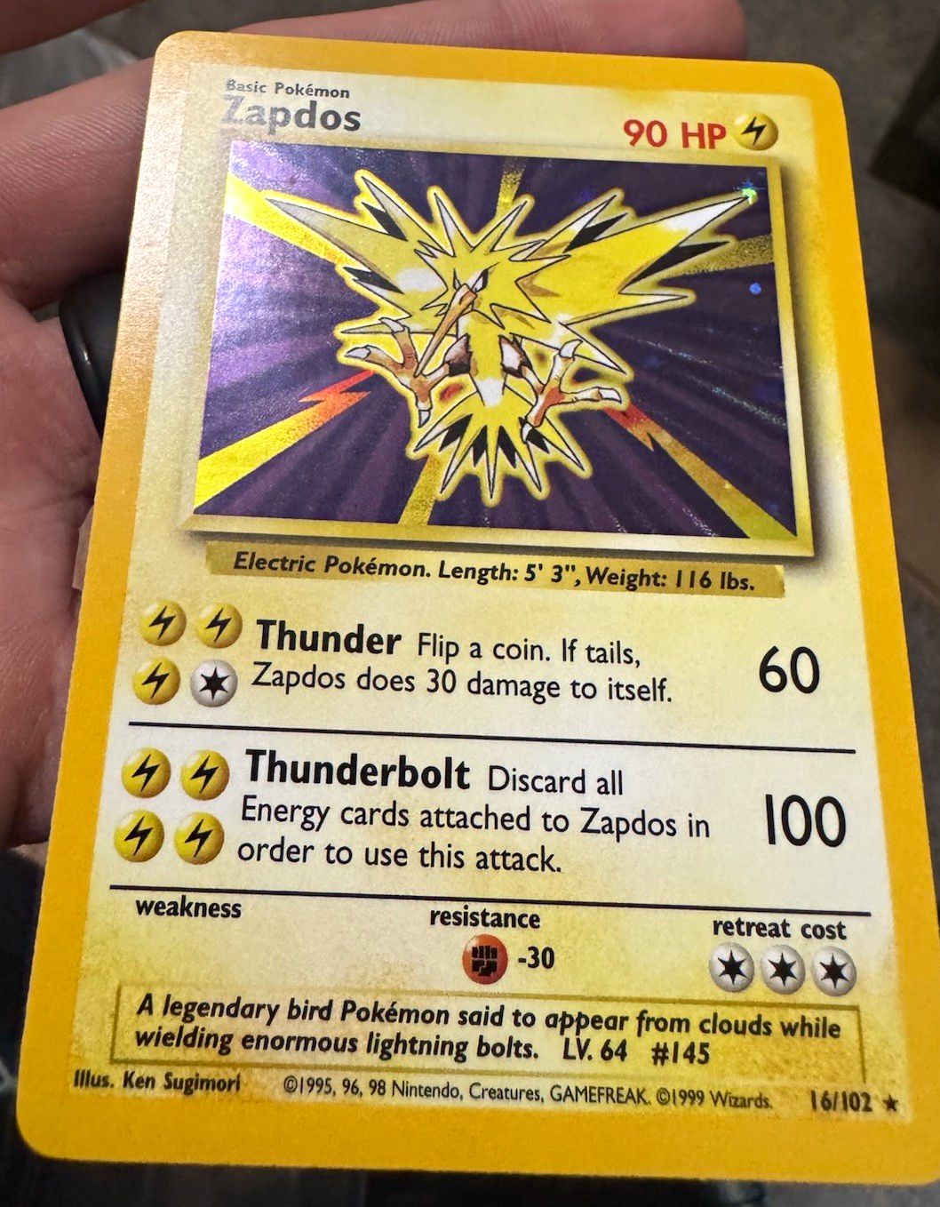 Wizards of the Coast Pokemon TCG Zapdos Base Set Shadowless Holo Rare 16/102