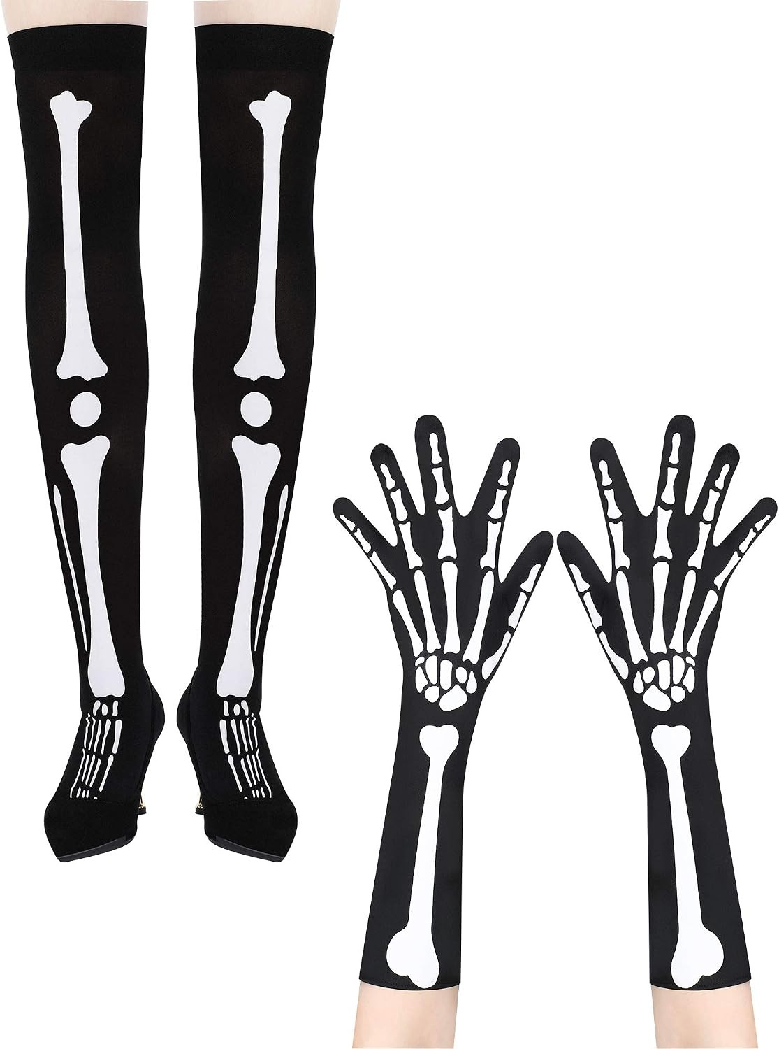 2 Pairs Halloween Skeleton Gloves Stockings Set Costume Party Accessories