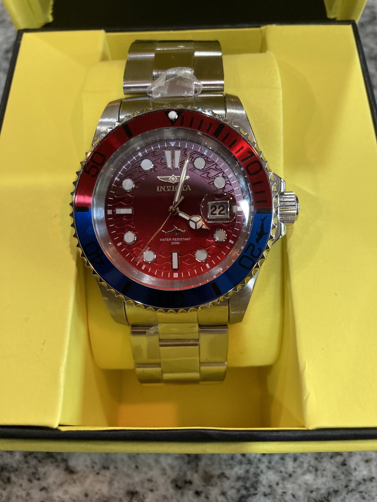 Invicta Pro Diver 42mm Watch Steel Tone Case Blue+Red Metal Dial Steel Band