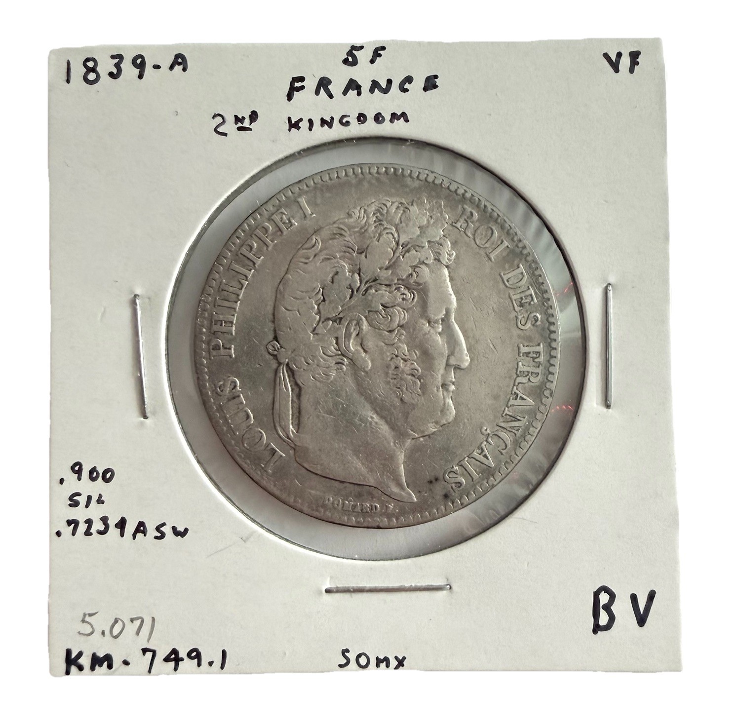 1839-A France Louis Philippe I 2nd Kingdom 25g .900 Silver Coin KM#749