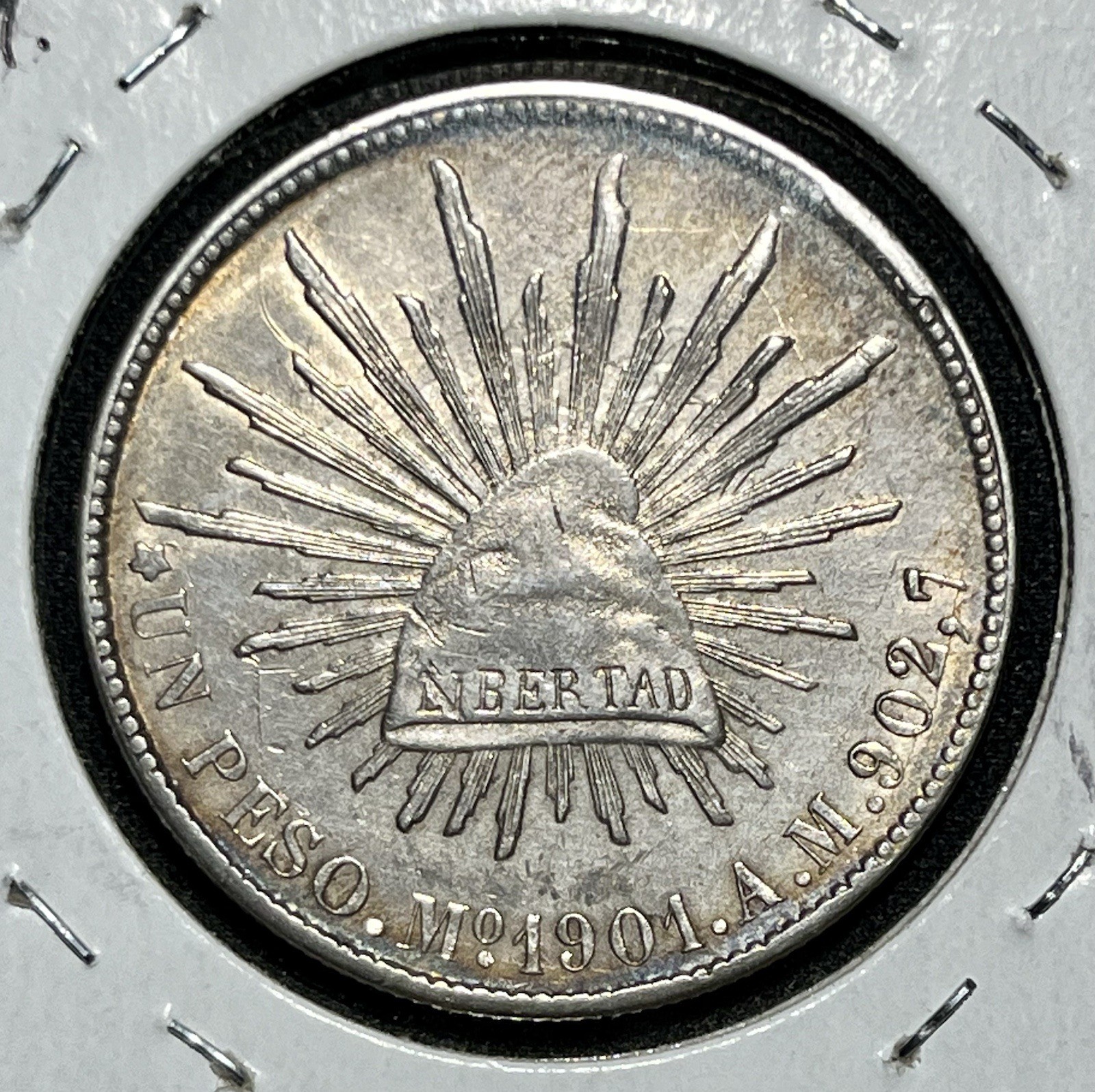 1901 Mo Am Mexico Un Peso Silver Coin Cap & Rays, Peso Fuerte Mexican Crown