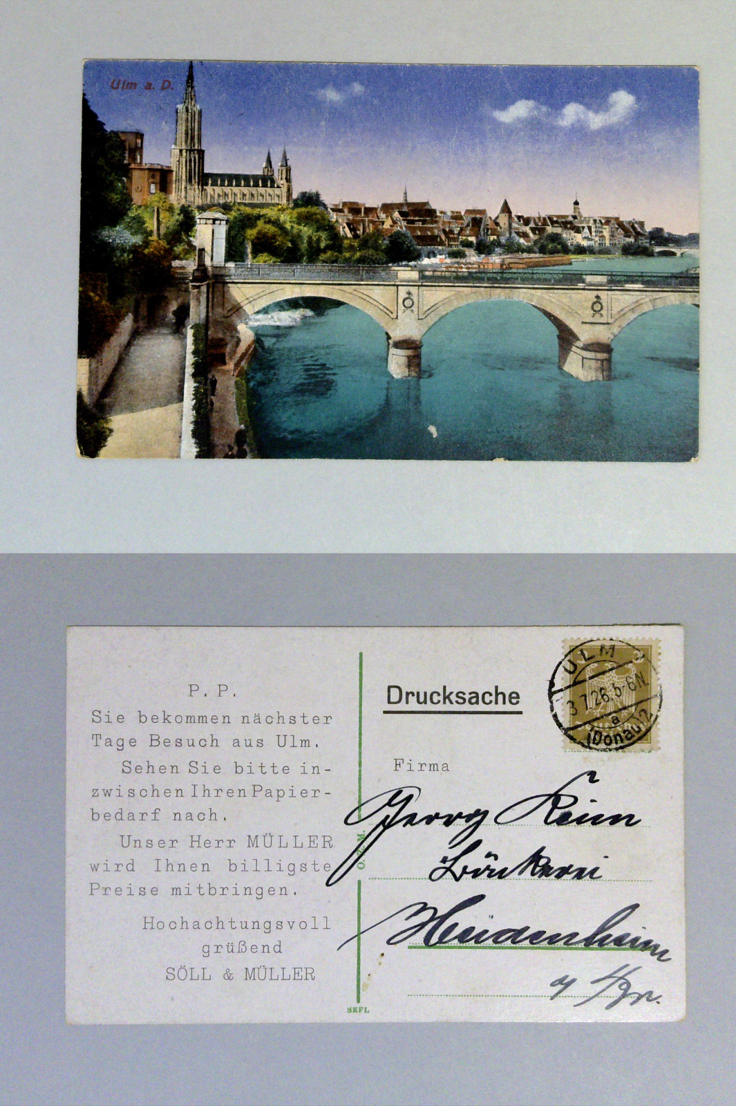 1926 Ulm a. D. Donau Bridge Minster Postcard Söll & Müller Heidenheim #948