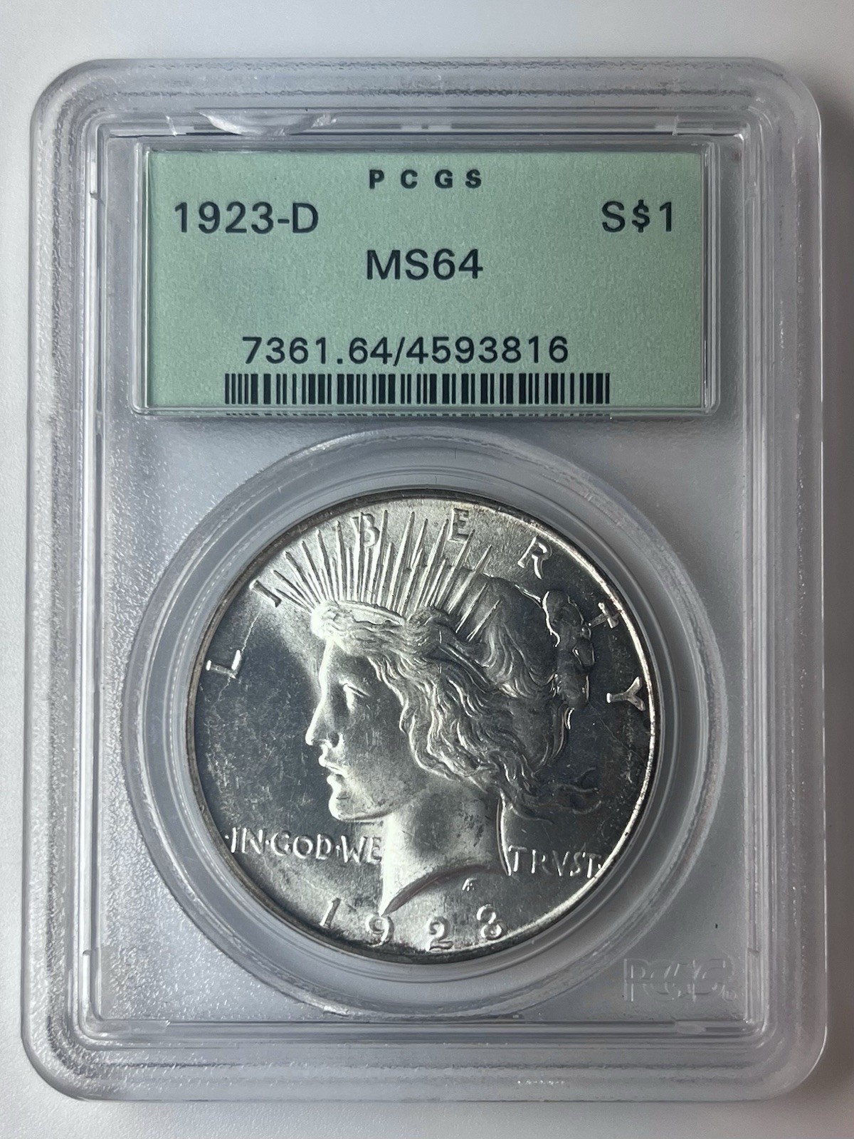 1923-D Peace Silver Dollar PCGS MS64 Old Green Holder 1923-D Peace Silver Dollar PCGS MS64 Old Green Holder