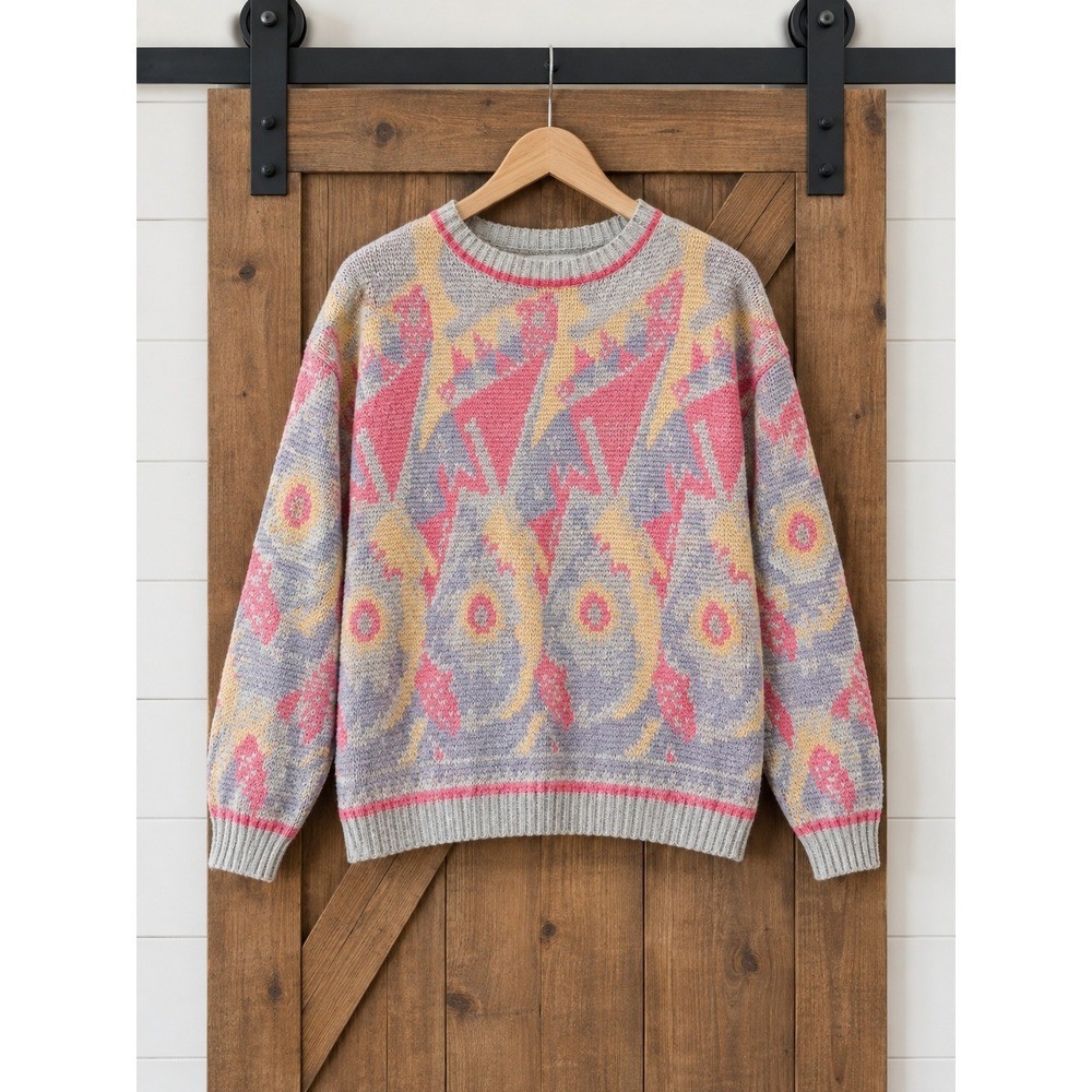 Vintage 80s Genesis Sweater Womens Medium Pink Purple Abstract Geometric Knit Vintage 80s Genesis Sweater Womens Medium Pink Purple Abstract Geometric Knit