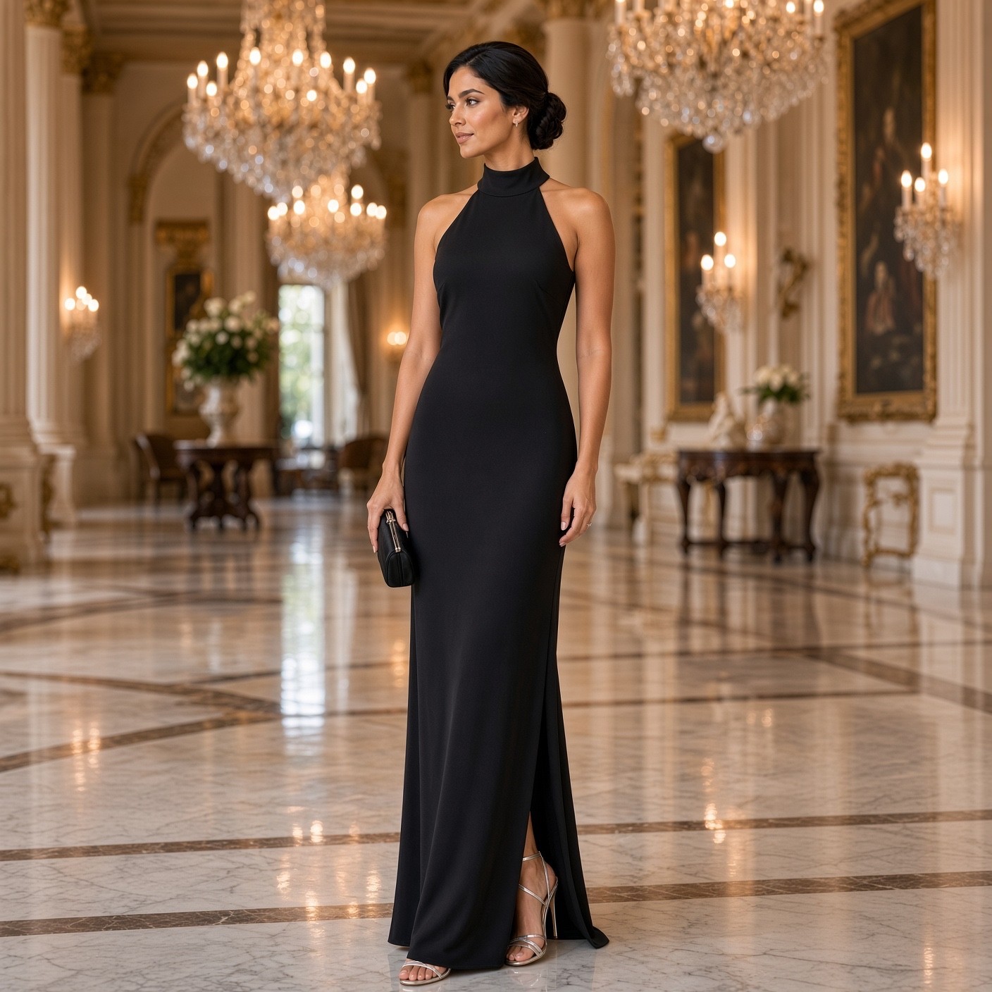 Belle by Badgley Mischka Reese Black Halter Crepe Gown Size 2 NWT