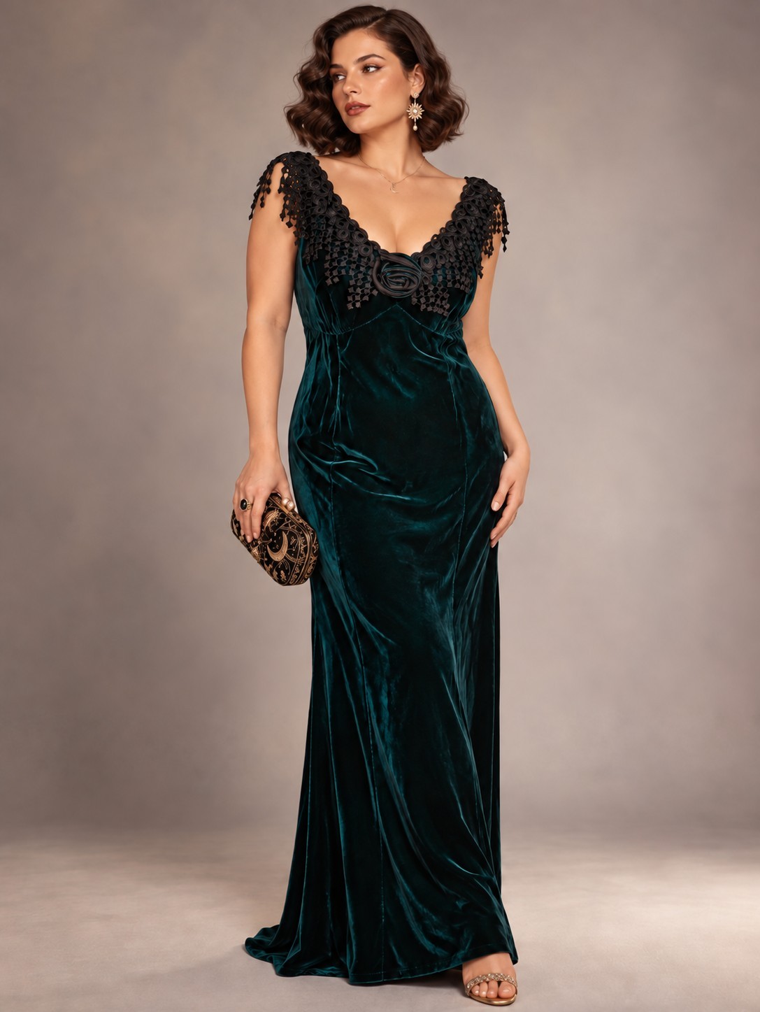 VTG Carole Little Sz 12 Velvet Green Maxi Dress Whimsigoth Old Hollywood Romance