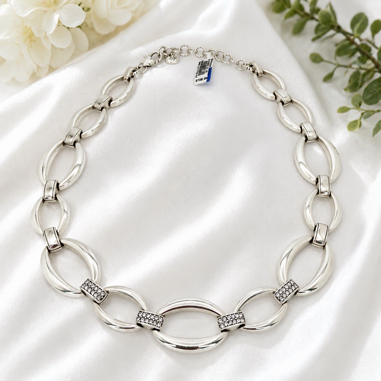 NWT Brighton Meridian Swing Statement Necklace Silver Tone Crystal Oval Link 18”