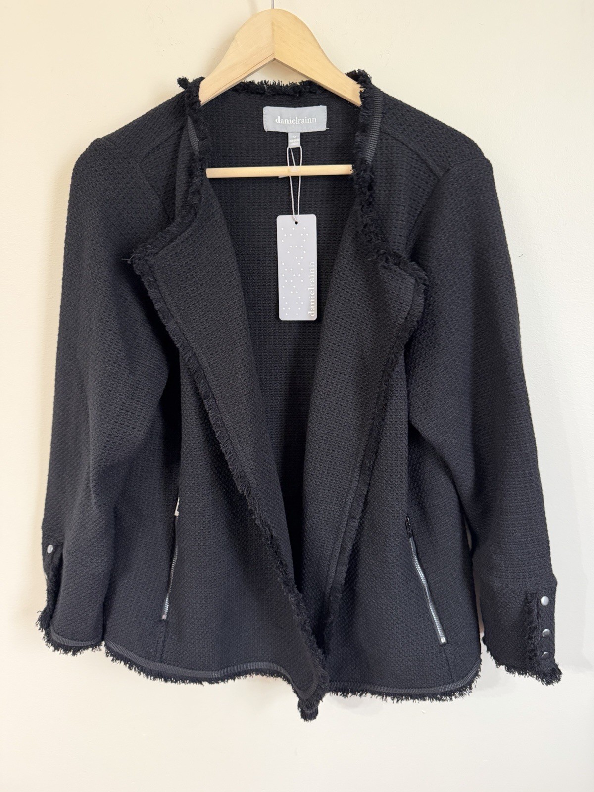 Anthropologie Daniel Rainn Tweed Black Fringe Open Jacket Blazer Zipper 1X NWT