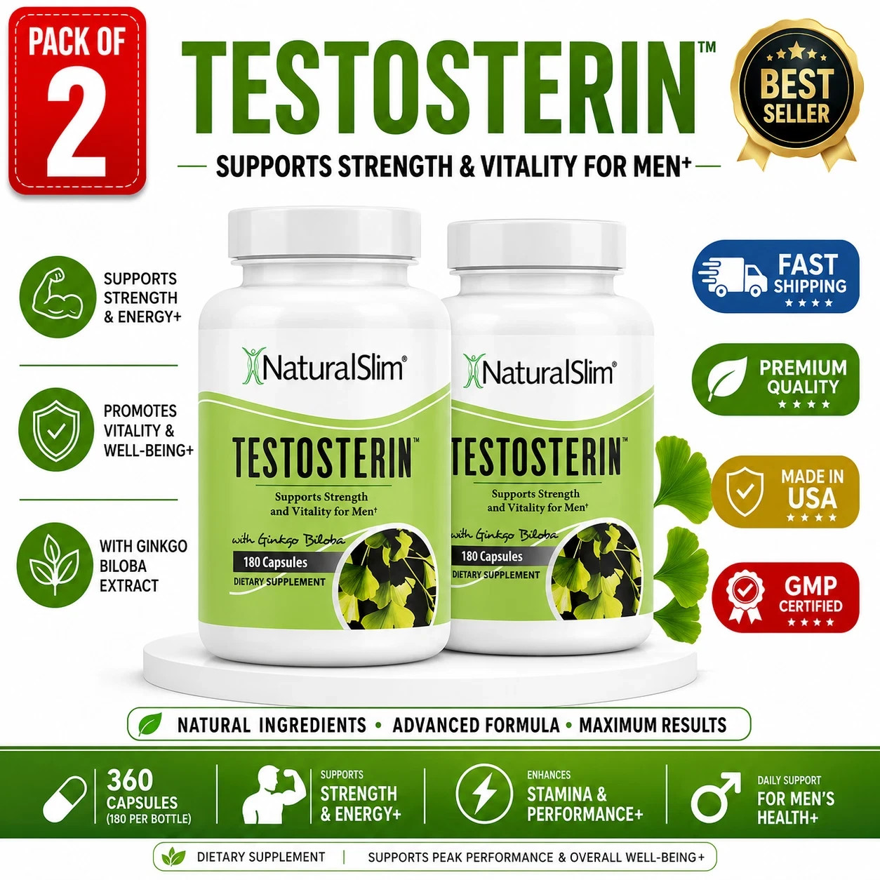 2 Pack NaturalSlim Testosterin Men's Multivitamins Testosterone Booster 180 Caps 2 Pack NaturalSlim Testosterin Men's Multivitamins Testosterone Booster 180 Caps