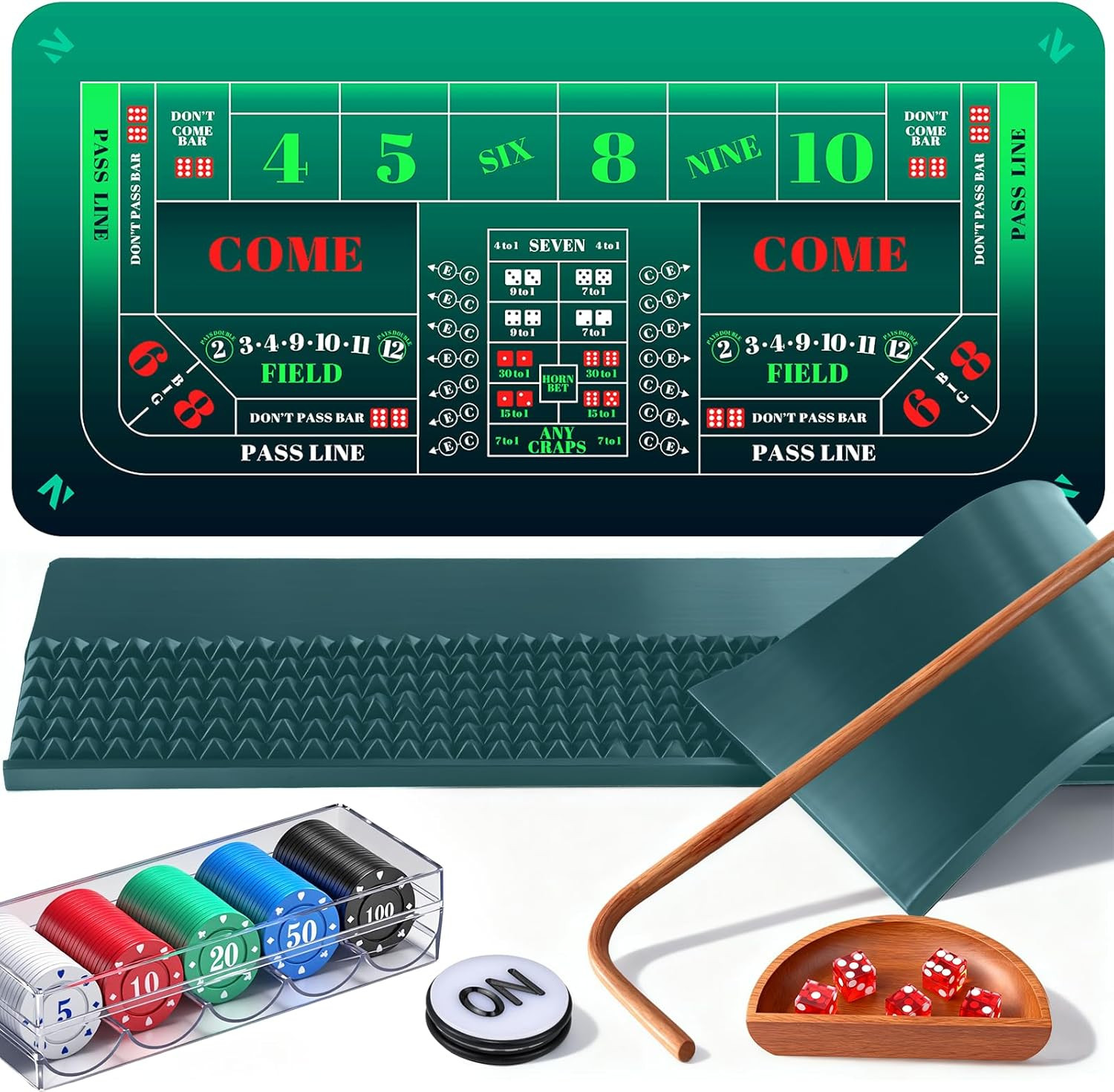 Craps Game Set: 35×70” Craps Tabletop Layout, 48X11”Rubber Diamond Pyramid Bumpe Craps Game Set: 35×70” Craps Tabletop Layout, 48X11”Rubber Diamond Pyramid Bumpe
