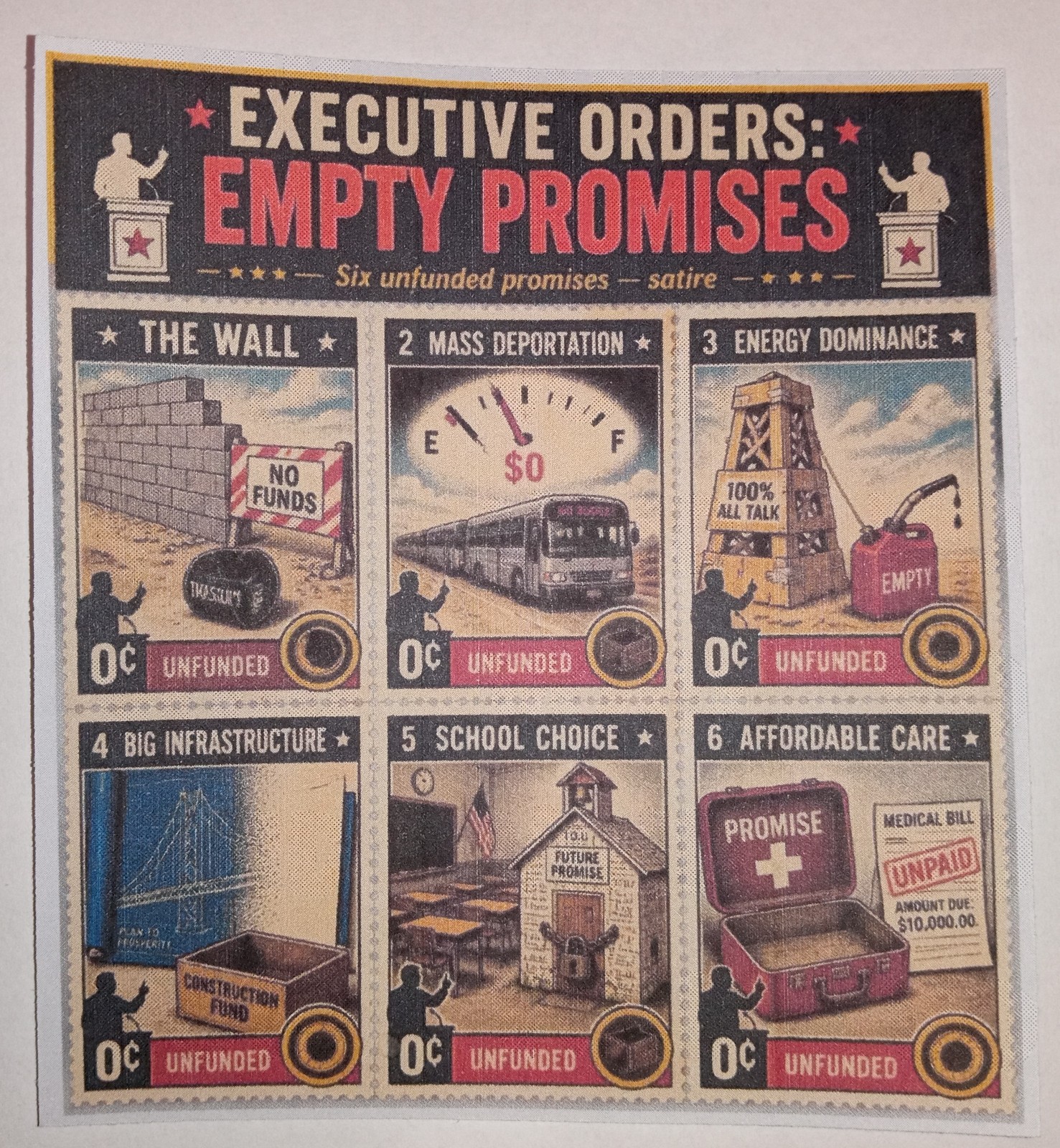 Executive Orders, Empty Promises, Cinderella Stamp Sheet of 6, Satire Perforated