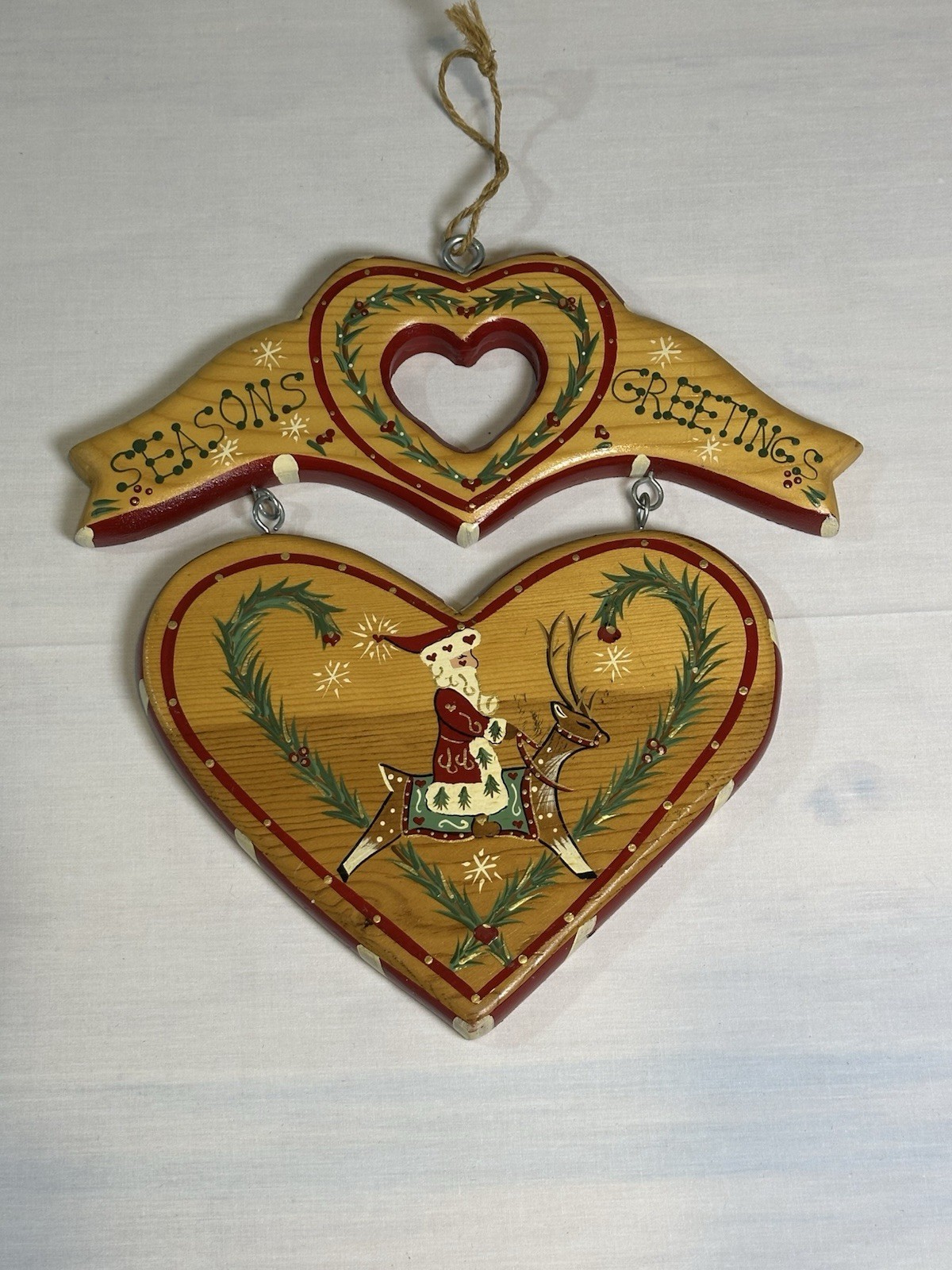 Vintage 1996 JDL Christmas Wall Hanging Santa Reindeer Heart Hand Painted Mexico
