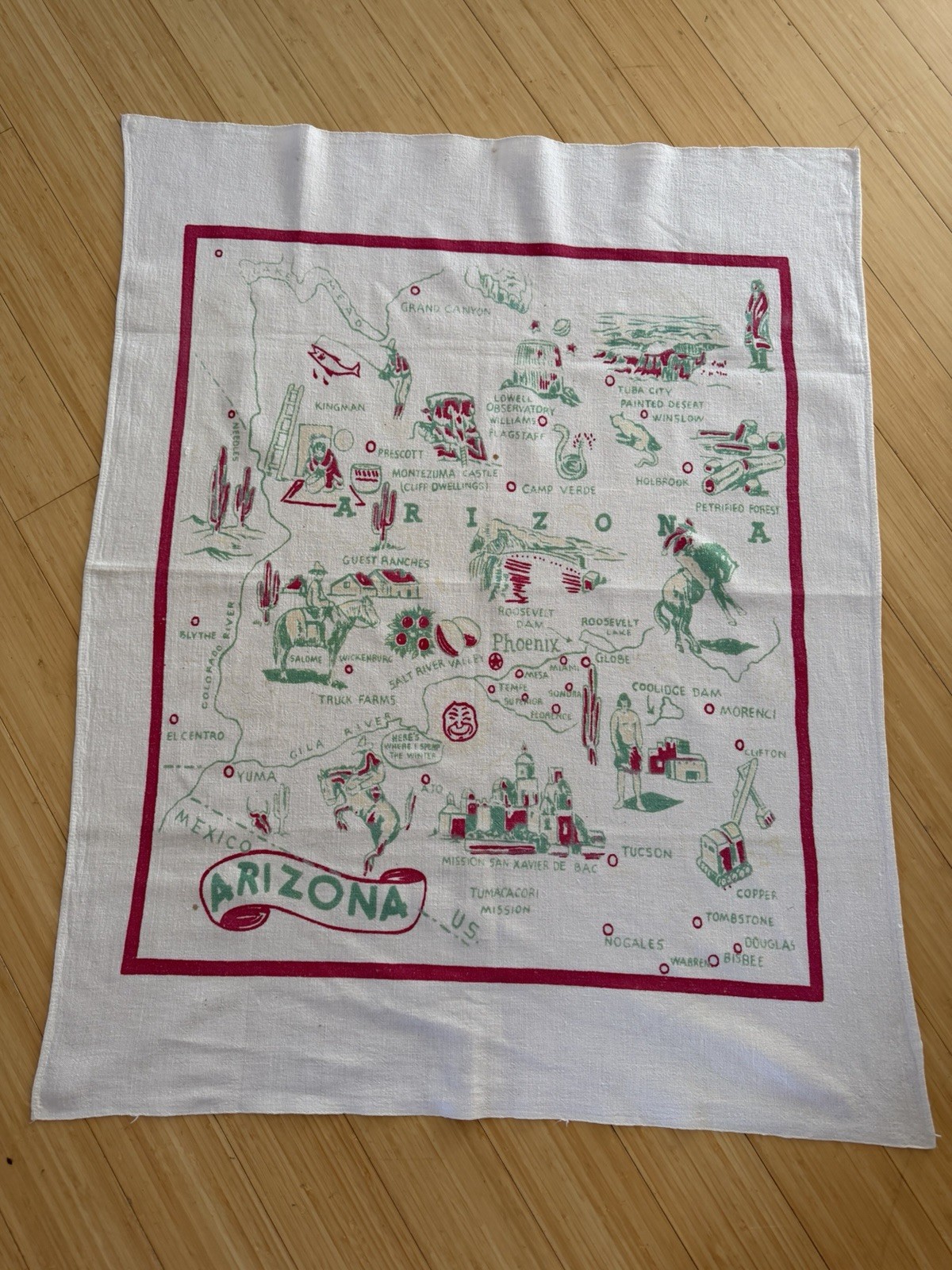 Vintage Arizona Souvenir Map Towel 1950s Novelty Cotton Cartoon Cities Cactus