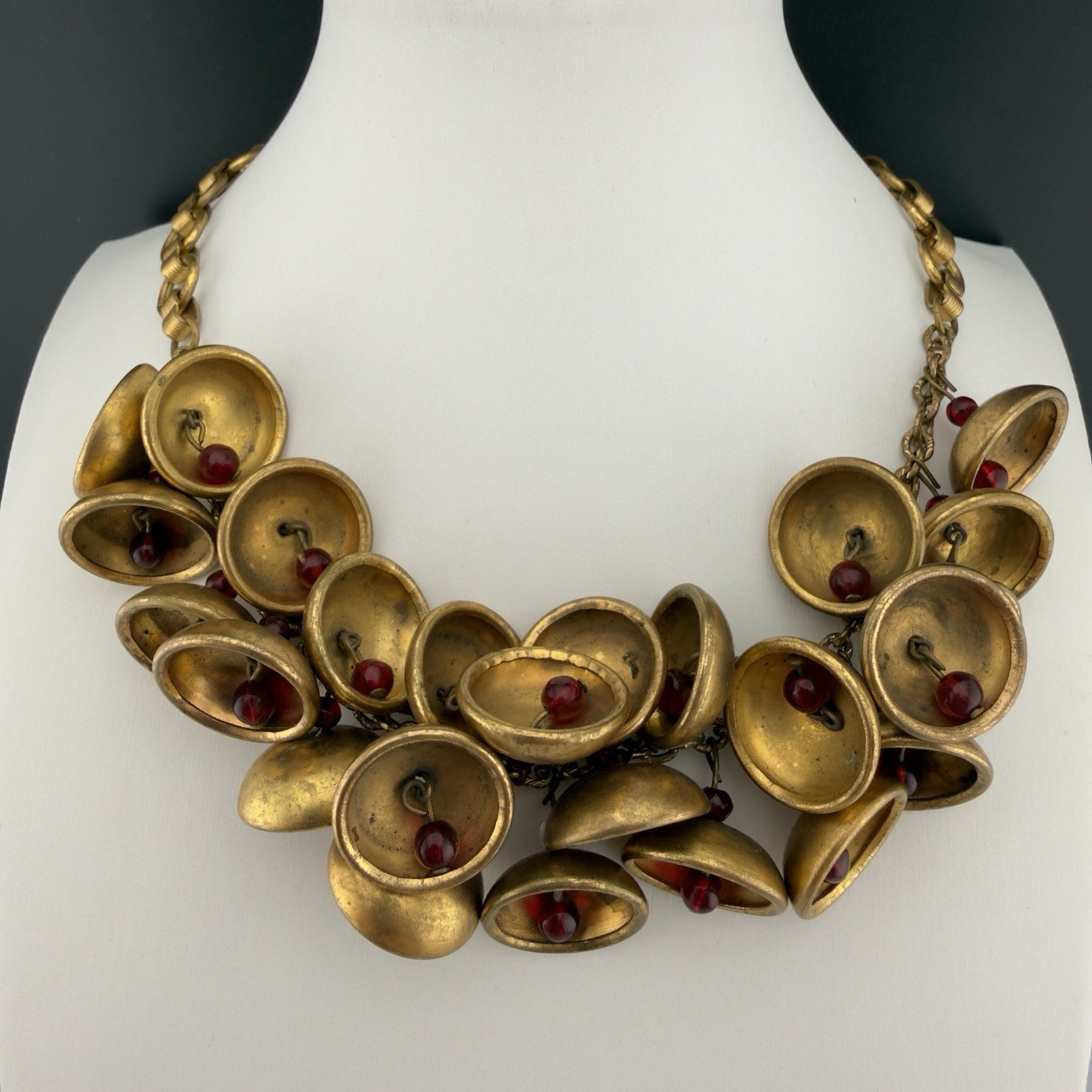 Vintage Early Miriam Haskell Necklace Brass Bells Red Glass Bead Book Chain