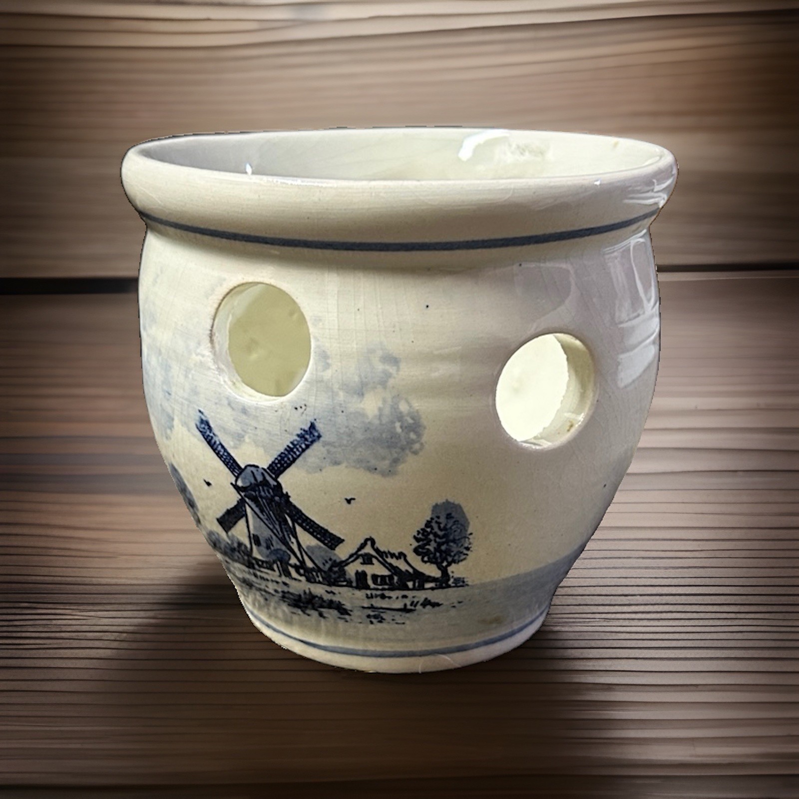 Vtg Delft Blue Blauw Handpainted Windmill Porcelain Bulb Planter, Holland Vtg Delft Blue Blauw Handpainted Windmill Porcelain Bulb Planter, Holland