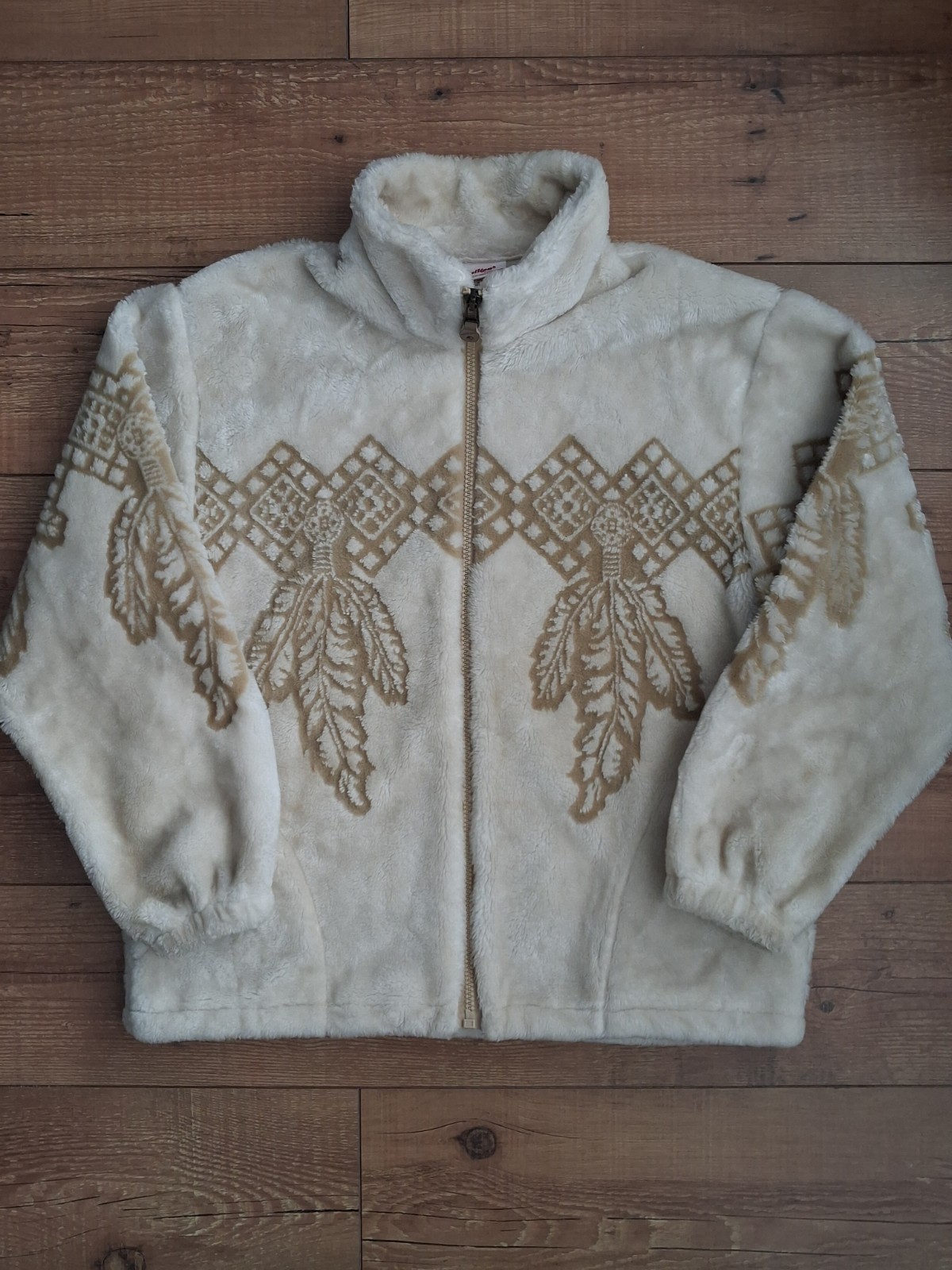 90s Vintage Milton Funwear Plush Fleece Jacket Large Cream/Beige Feather Design 90s Vintage Milton Funwear Plush Fleece Jacket Large Cream/Beige Feather Design