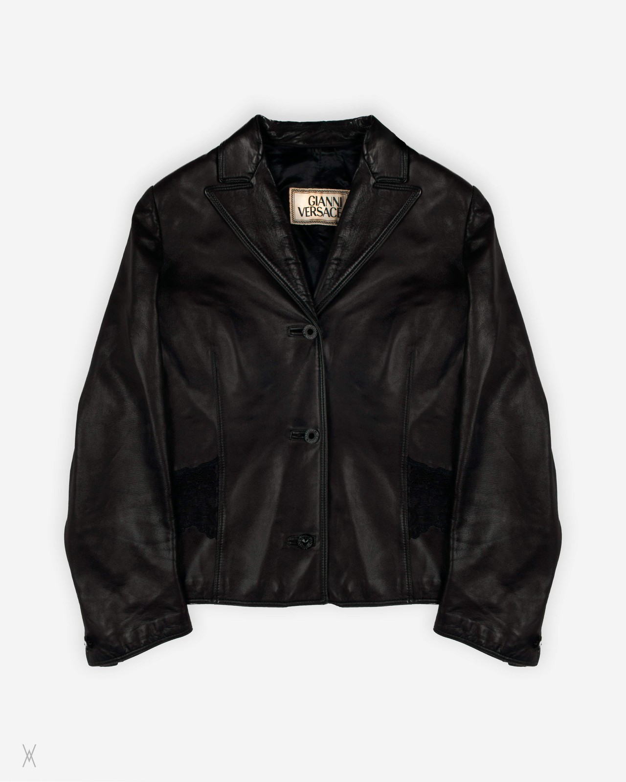 Gianni Versace 1990s Black Leather Blazer with Lace Panels Womens S