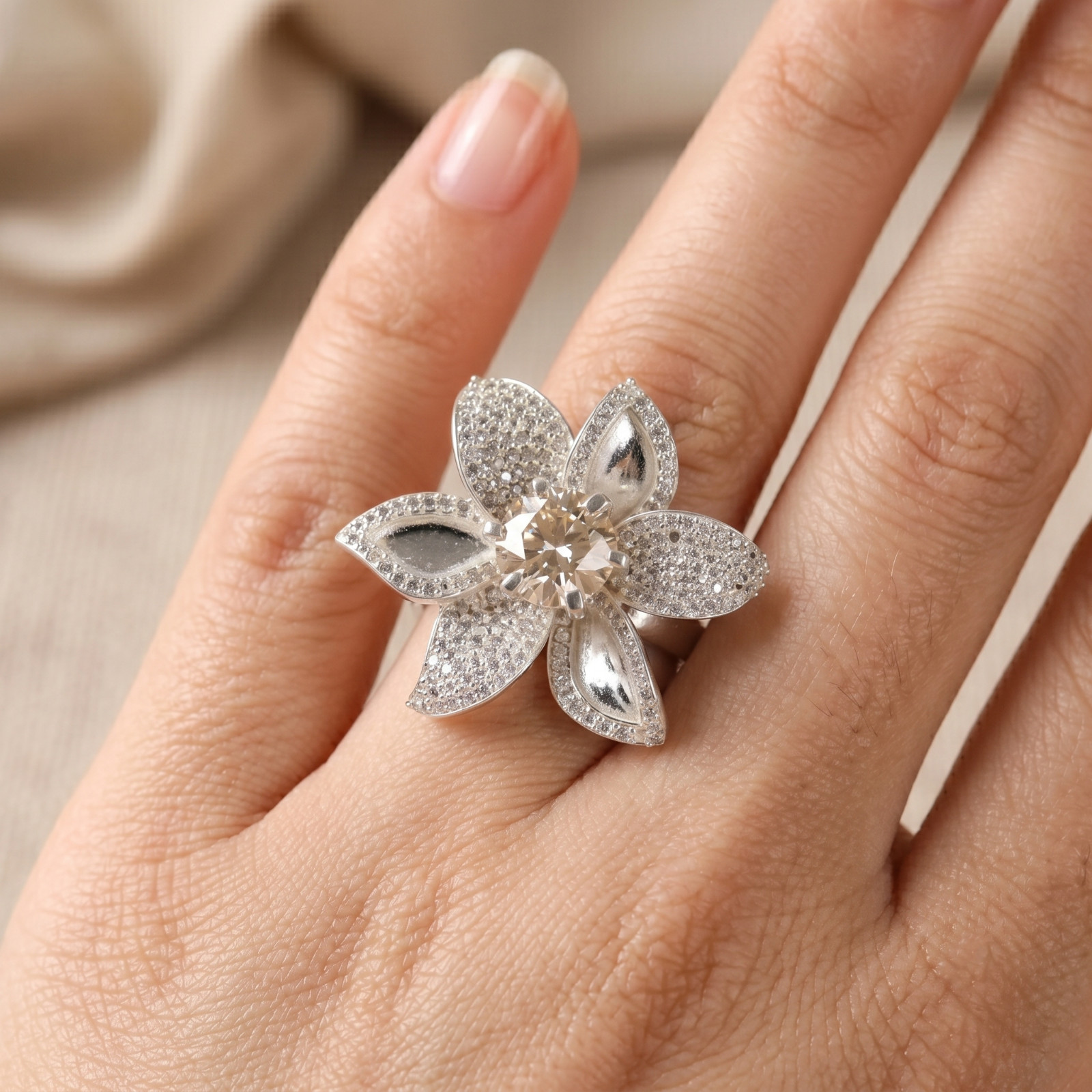 Certified 2.60 Ct White Diamond Cocktail Flower Ring, Great Shine, FREE STUDS