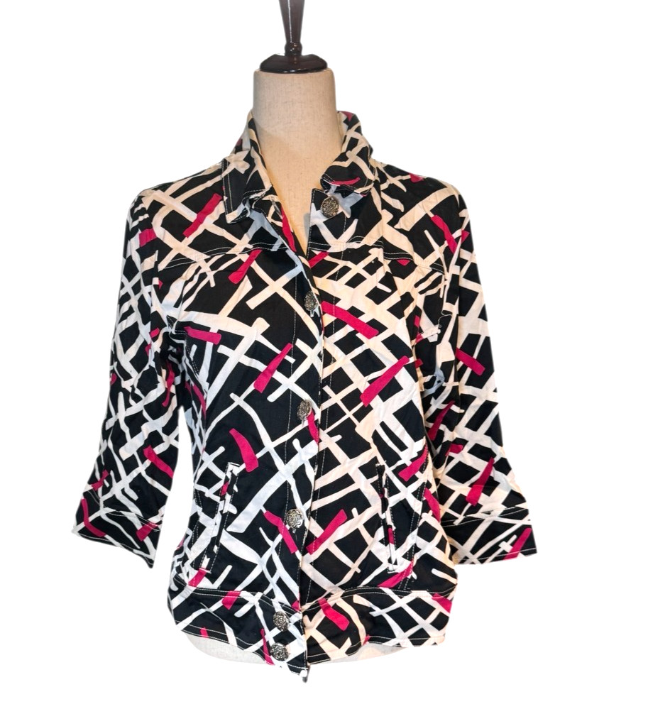 Spartelle Women\'s Jacket XL Red White Black Collared 3/4 Sleeve Button NWOT