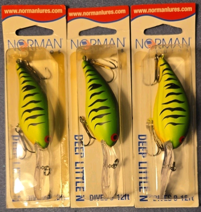 Lot of 3 *Pre-Pradco Norman Lures Deep Little N Made USA 3/8 oz DLN-50 FIRETIGER