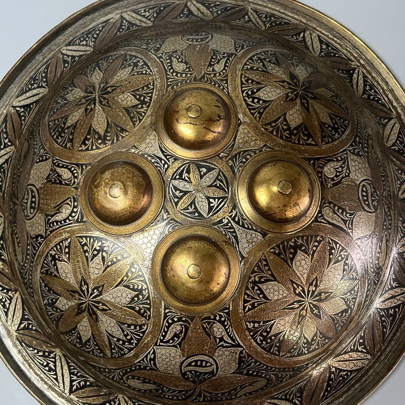 19th Century Indo-Persian Enameled Brass Dhal Buckler Shield - 10in 19th Century Indo-Persian Enameled Brass Dhal Buckler Shield - 10in