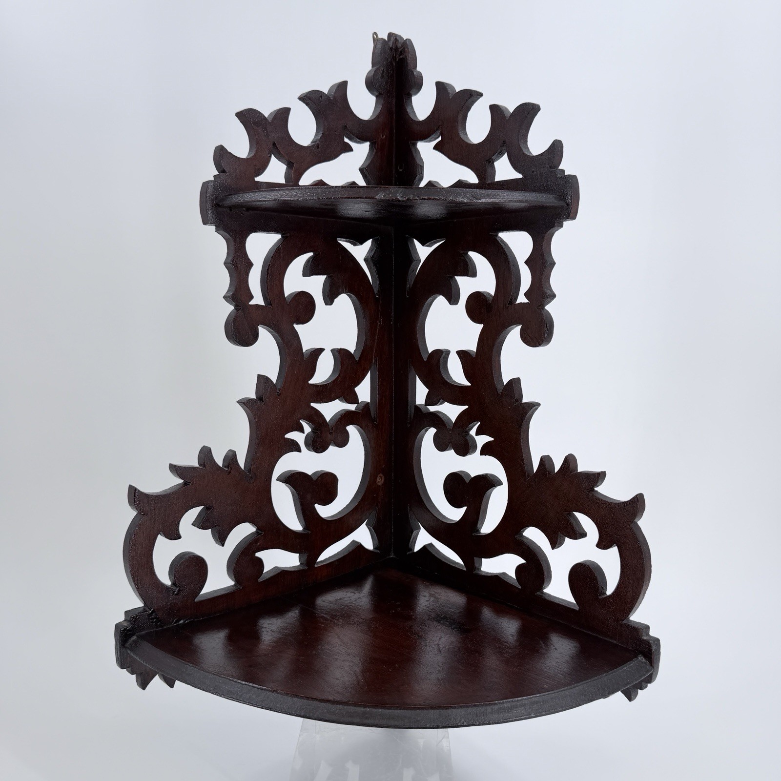 Antique 1900s Art Nouveau Corner Wall Shelf Cut Wood Two Tier