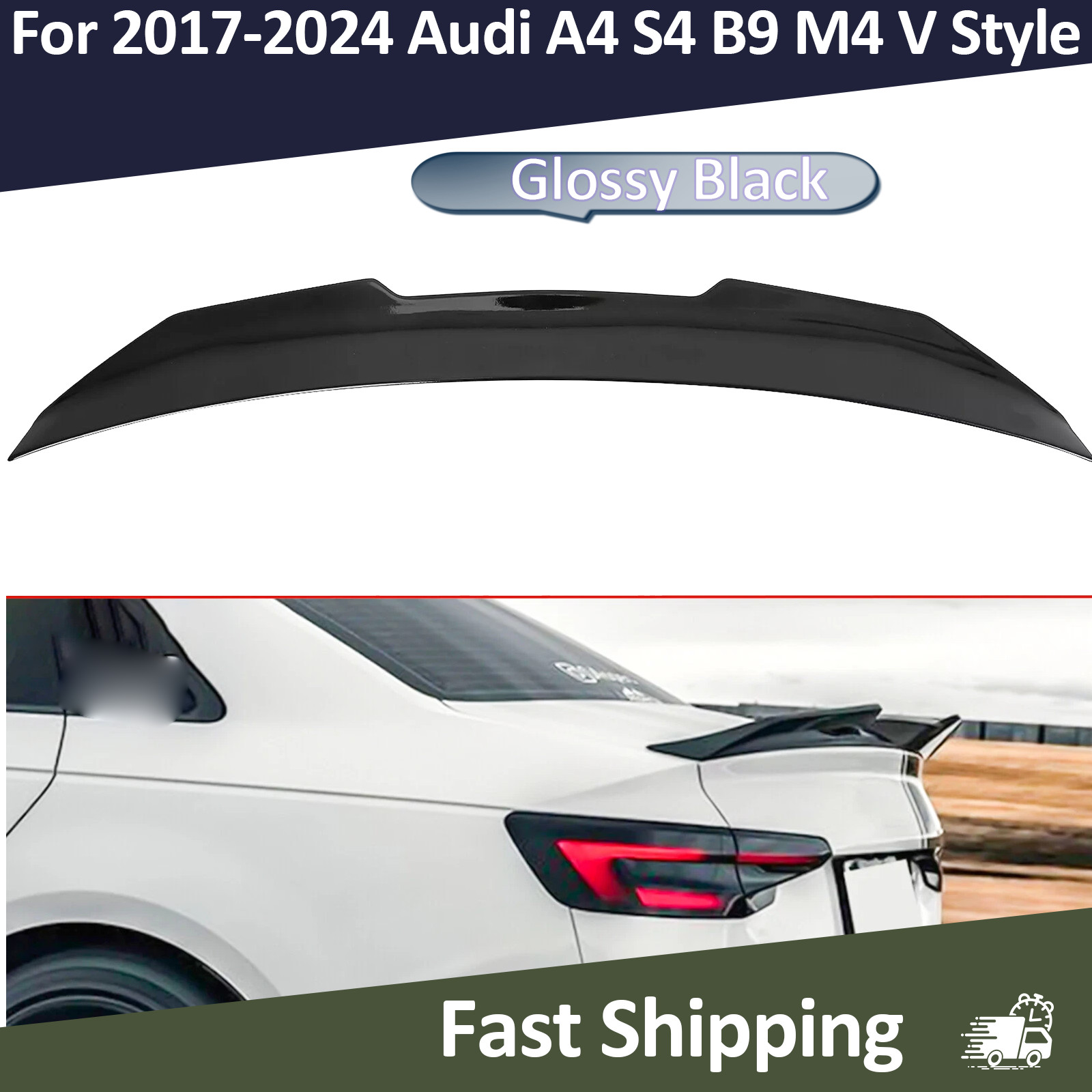 For 2017-2024 Audi A4 S4 B9 Sedan M4 Style Glossy Black Rear Trunk Spoiler Wing