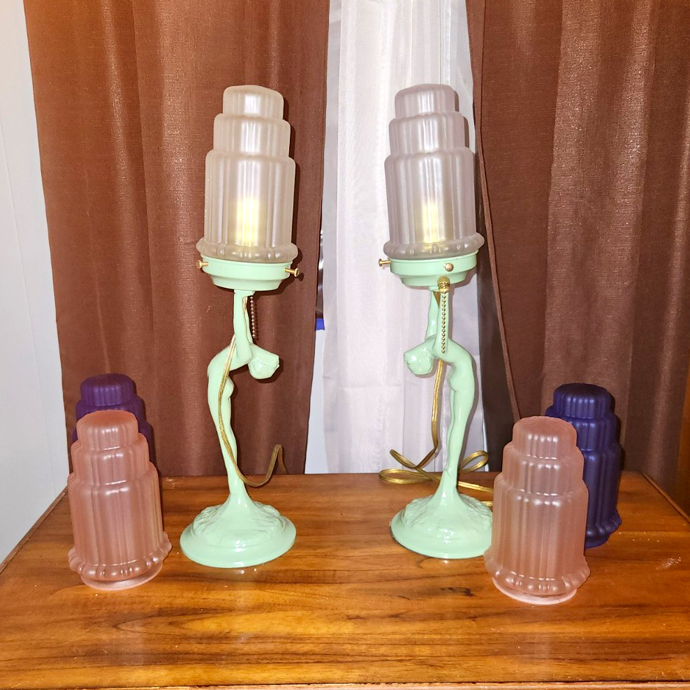 Vintage frank art style revival lamps  cobalt  blue, pink , and clear shades