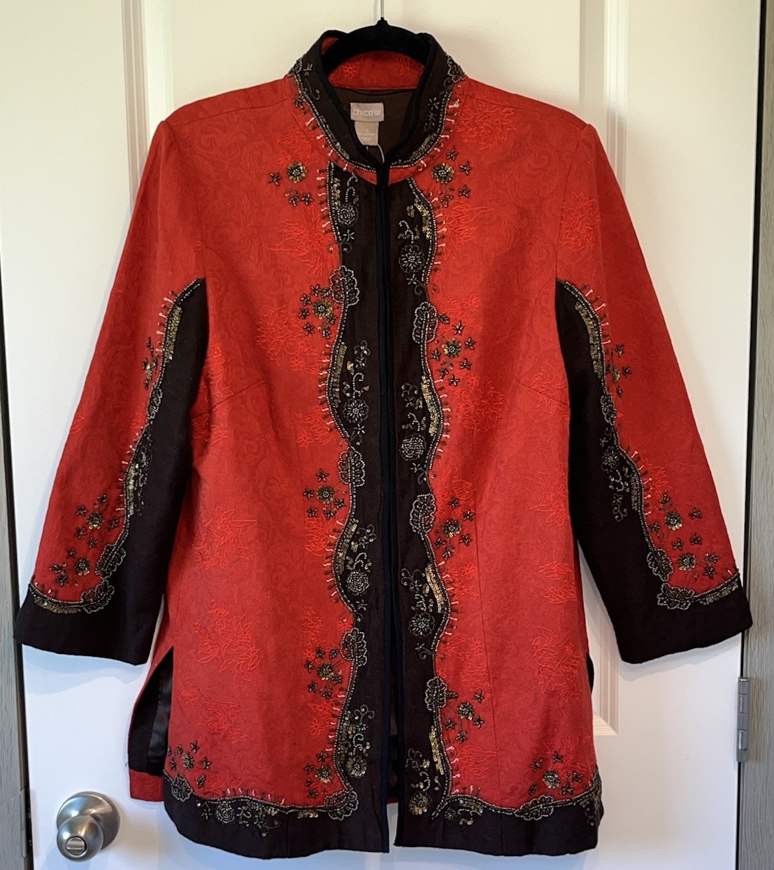 Chicos Women’s Size 6-8 Beaded Tapestry Duster Jacket BohoArtisan Effortless AA1
