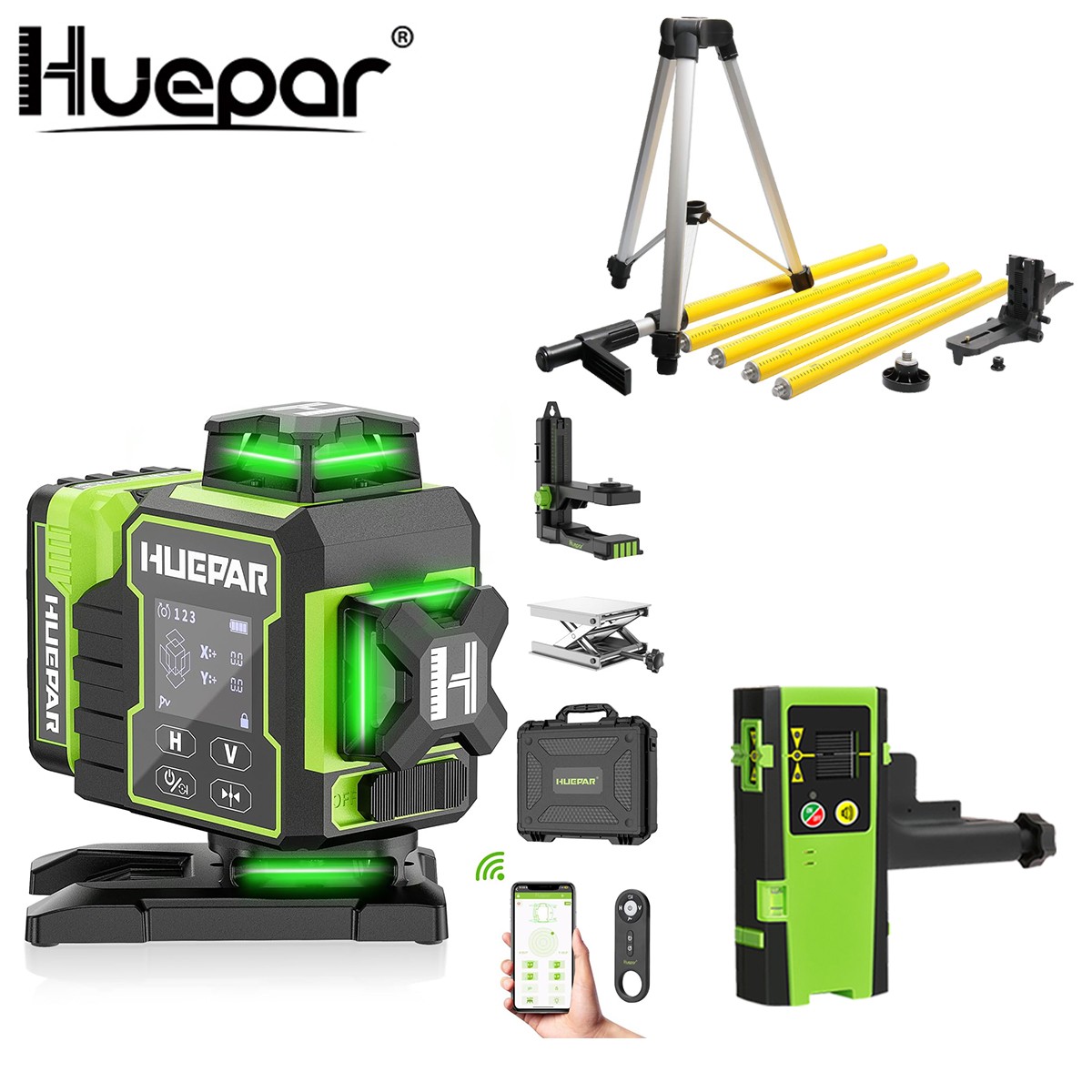 Huepar 16 Lines Green Cross Laser Self-Leveling W04CG+Receiver+Telescoping Pole