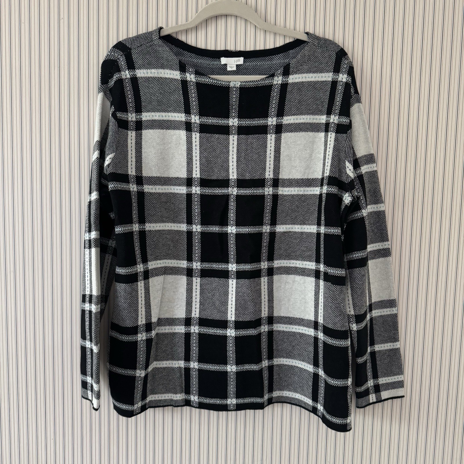 J. Jill Women’s Cotton Blend Black White Plaid Medium Knit Sweater Pullover