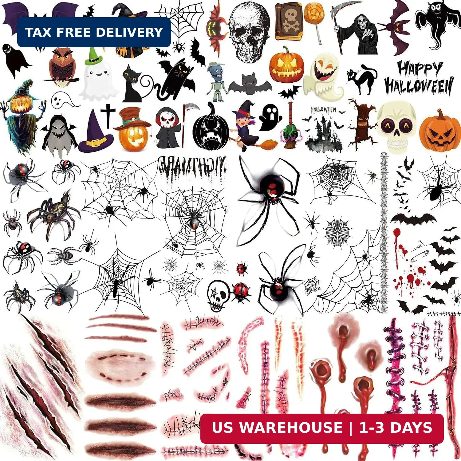 100+ PCS 3D Halloween Temporary Tattoos For Kids Women Men Adults, Realistic Spi