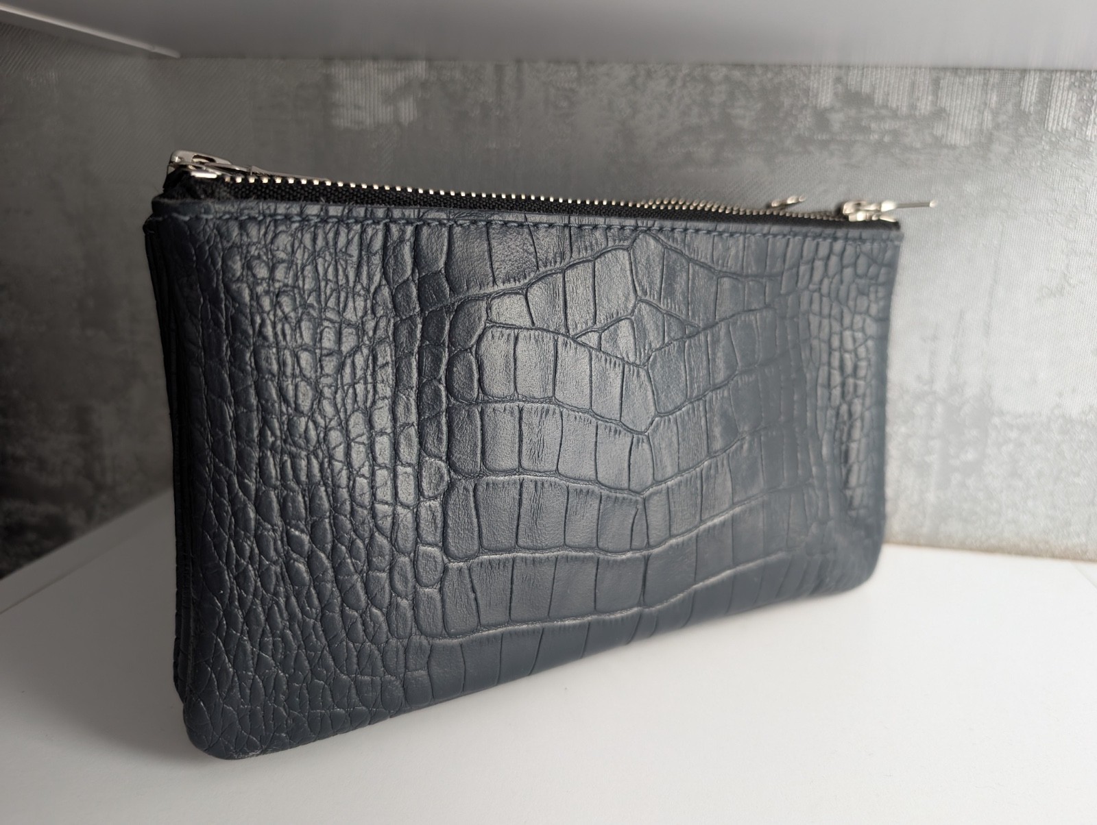 Handmade Croc Embossed Navy Blue Leather Long Wallet 3 Zip Organizer Clutch Bag