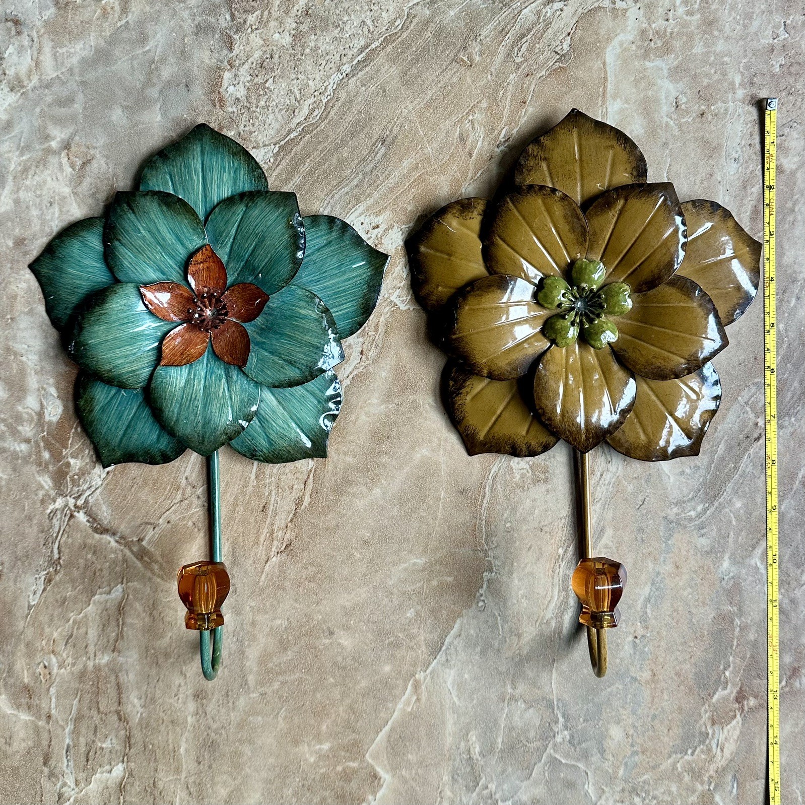 Vintage Pier 1 ~ Set of 2 Floral Wall Hooks ~ Metal Wall Mounted ~ Teal Brown