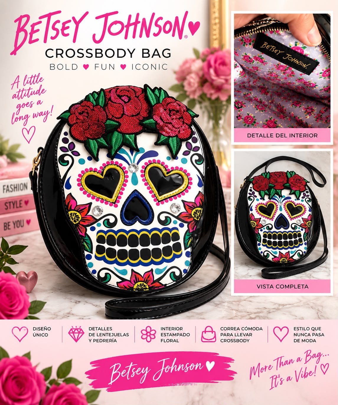 Betsey Johnson Sugar Skull Crossbody Bag Purse Day of the Dead Floral Roses