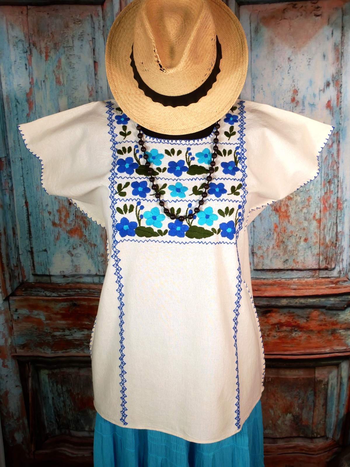 Huipil Tunic Top Hand Embroidered Blue Flowers Cotton Manta Oaxaca Mexican Folk