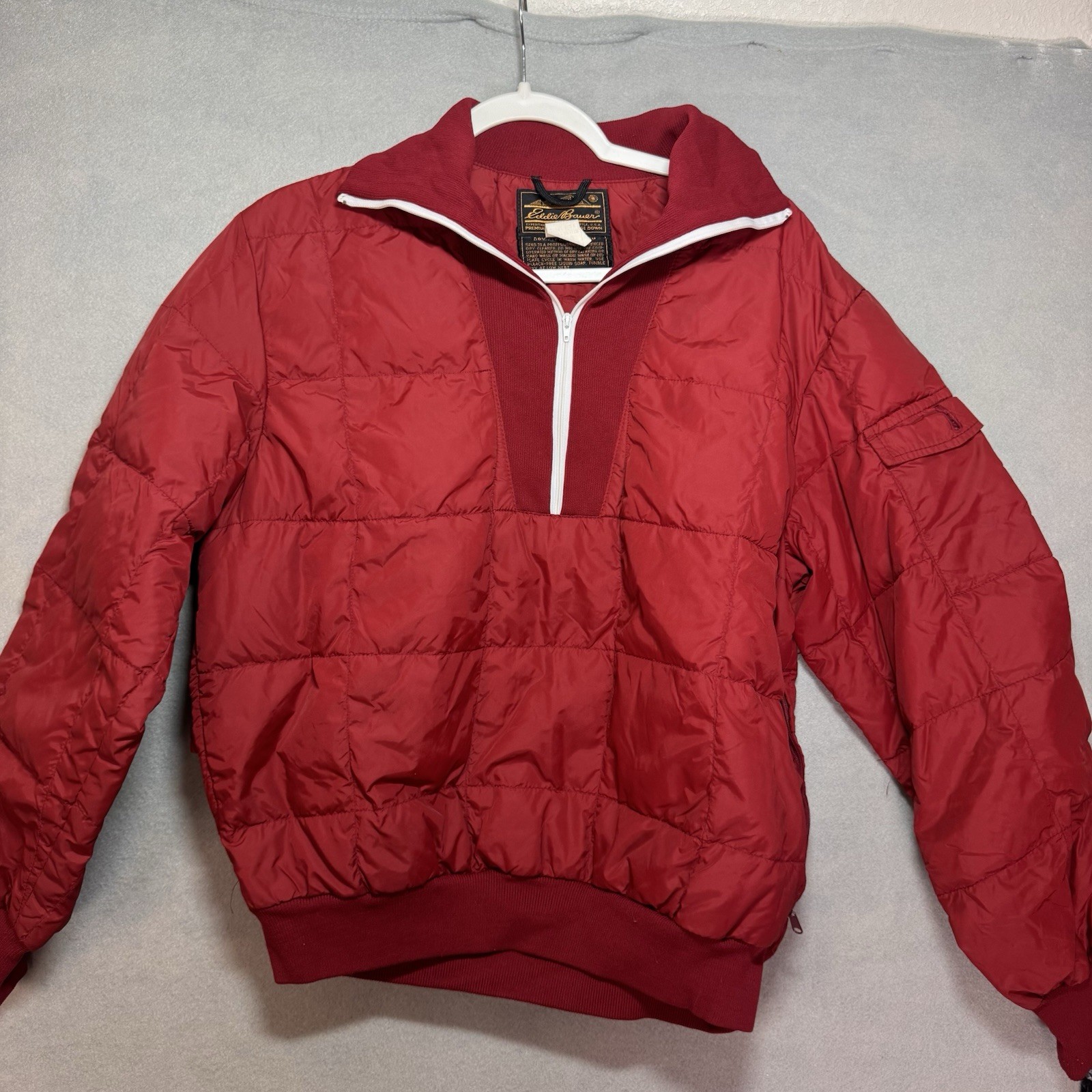VTG 80s Eddie Bauer Goose Down Puffer Bomber Quarter Zip Burgundy Jacket Sz L