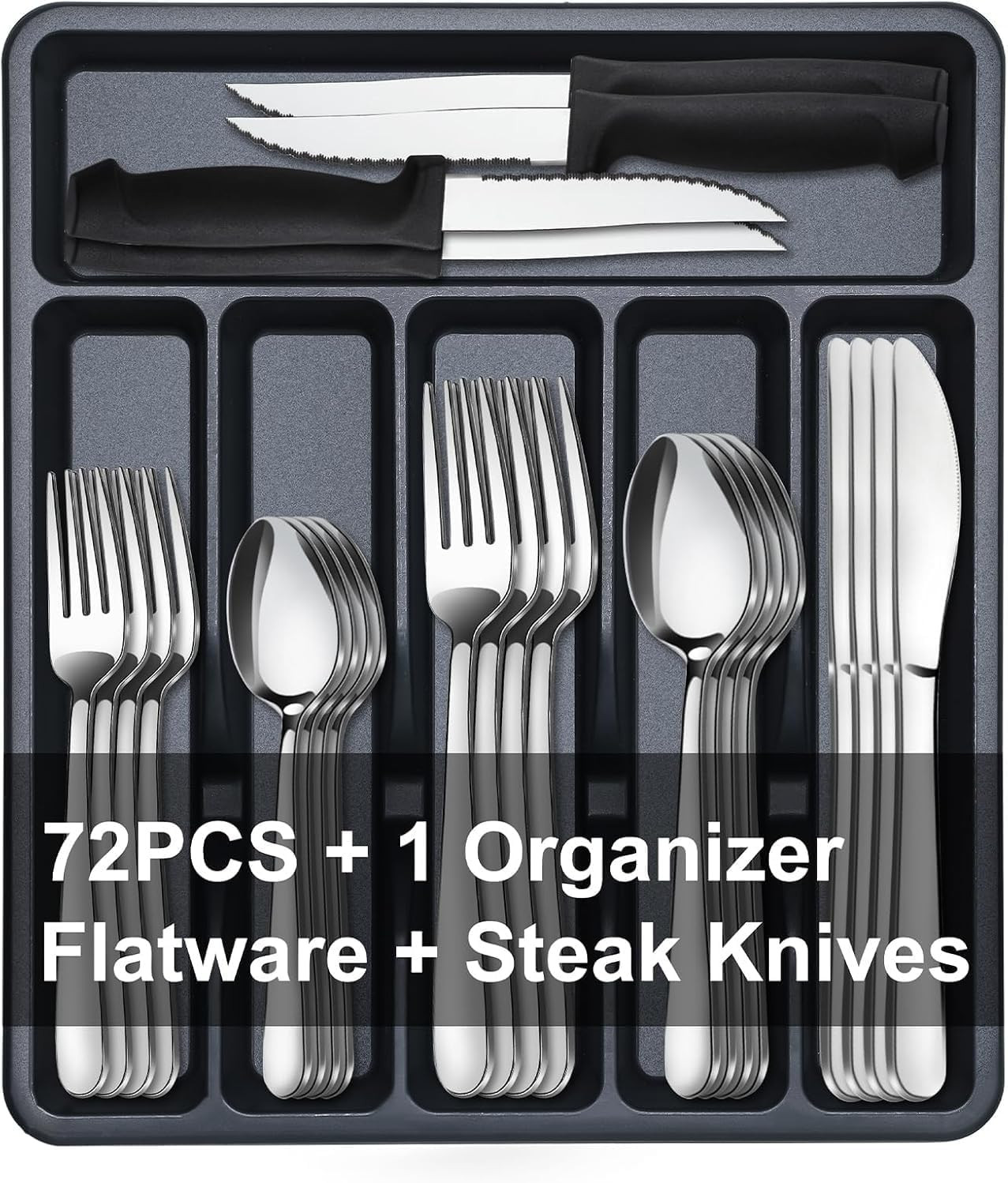 73-Piece Silverware Set with Organizer - Heavy Duty Stainless Steel Flatware Set
