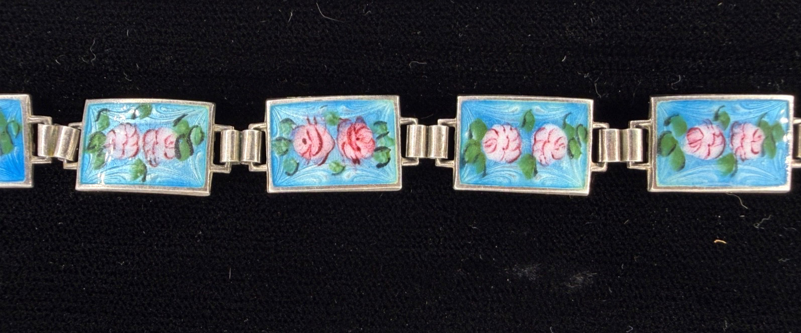 Vintage Blue Guilloche Enamel Pink Roses 925 Sterling Silver Panel Link Bracelet Vintage Blue Guilloche Enamel Pink Roses 925 Sterling Silver Panel Link Bracelet