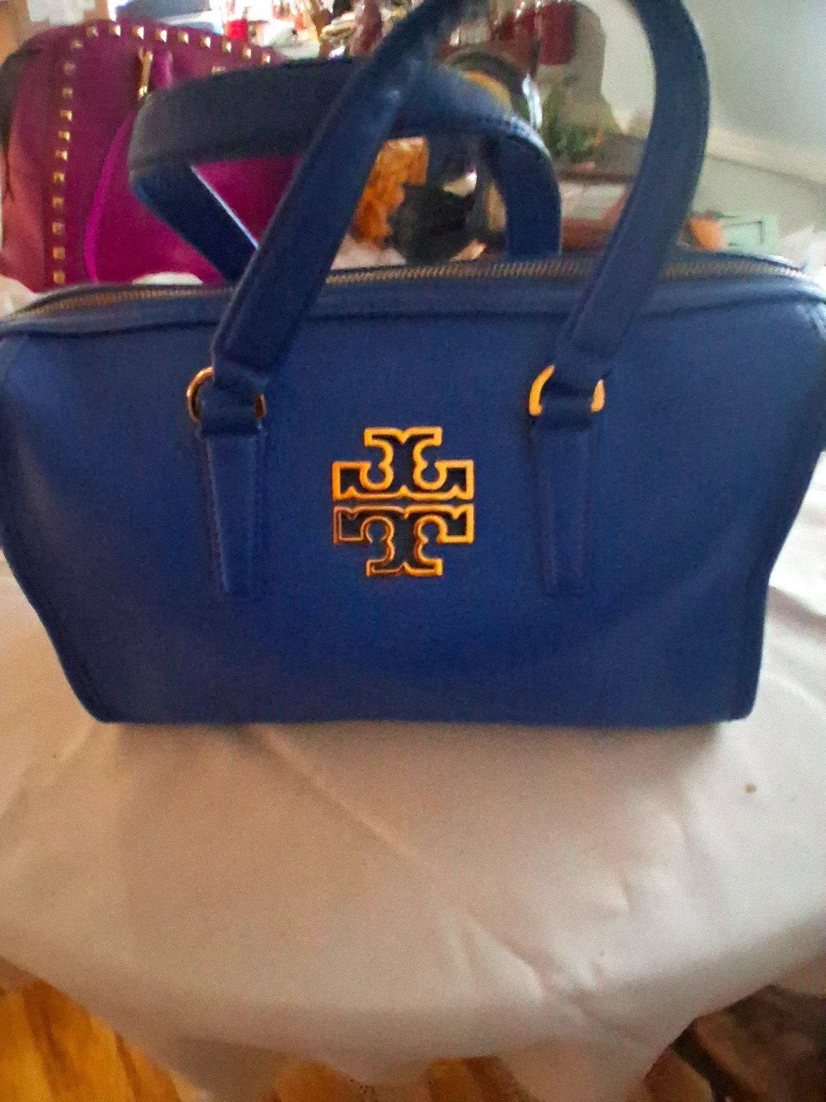 Tory Burch Women\'s Medium Satchel Top Handle Bag Blue Pebbled Zip Gold Strap