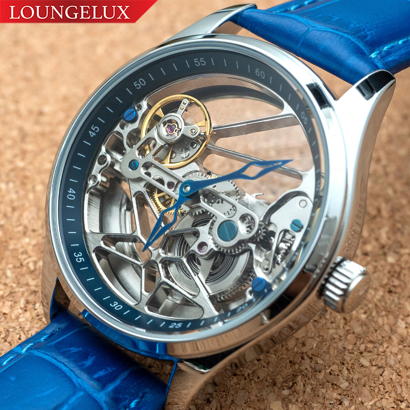 Mens Skeleton Bridge Movement Automatic Mechanical Watch Silver Blue Leather Mens Skeleton Bridge Movement Automatic Mechanical Watch Silver Blue Leather