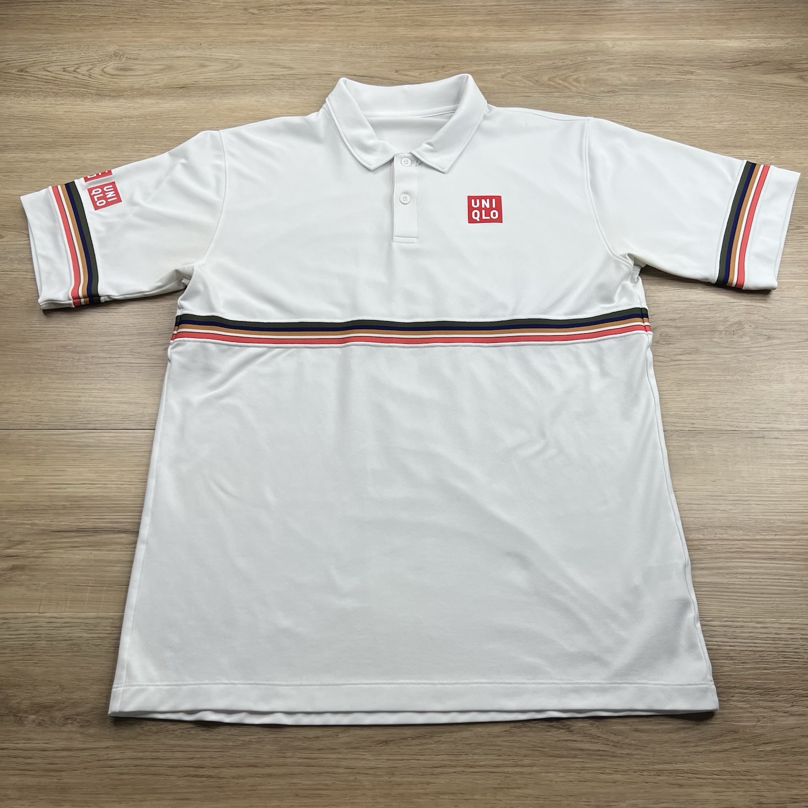 Uniqlo Kei Nishikori Tennis Polo Shirt Medium White Striped Short Sleeve Logos Uniqlo Kei Nishikori Tennis Polo Shirt Medium White Striped Short Sleeve Logos