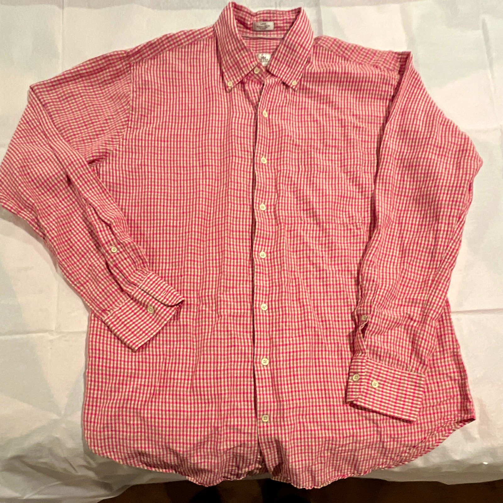 Peter Millar Men\'s L Pink/White/Green Check Button-Down Long Sleeve Cotton Shirt
