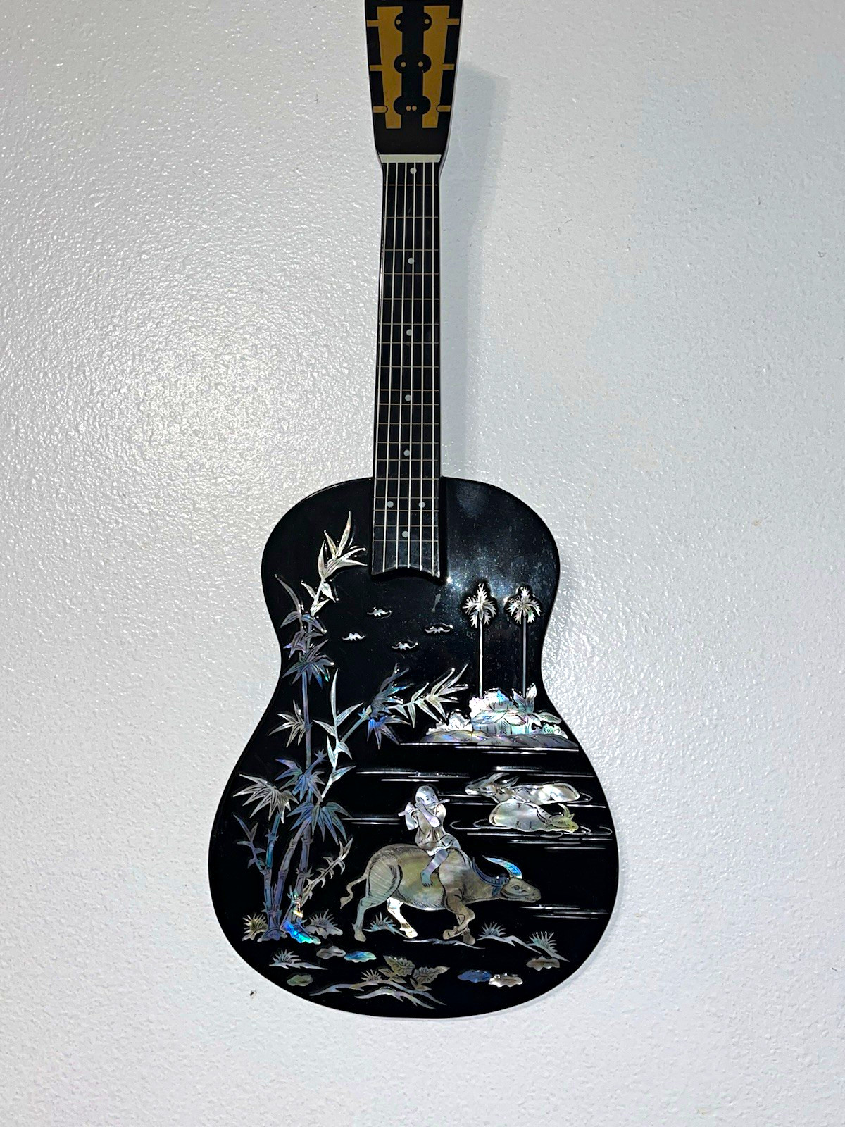 Black Parlor Acoustic Guitar 6-String Right-Handed Wood w/ Painted Asian Scene Black Parlor Acoustic Guitar 6-String Right-Handed Wood w/ Painted Asian Scene