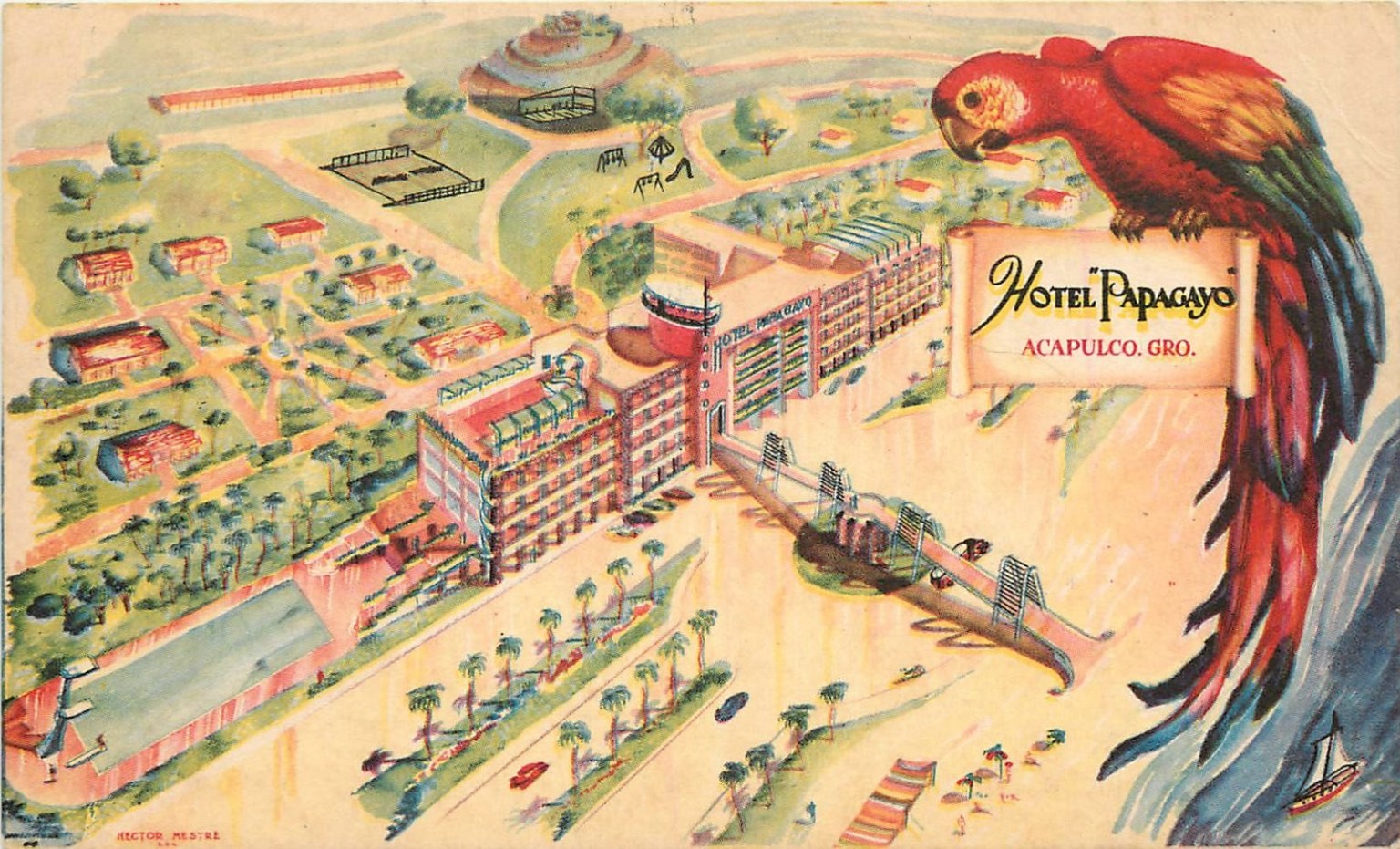 Vintage HOTEL PAPAGAYO Acapulco Mexico Postcard Aerial View Parrot Art 1940s
