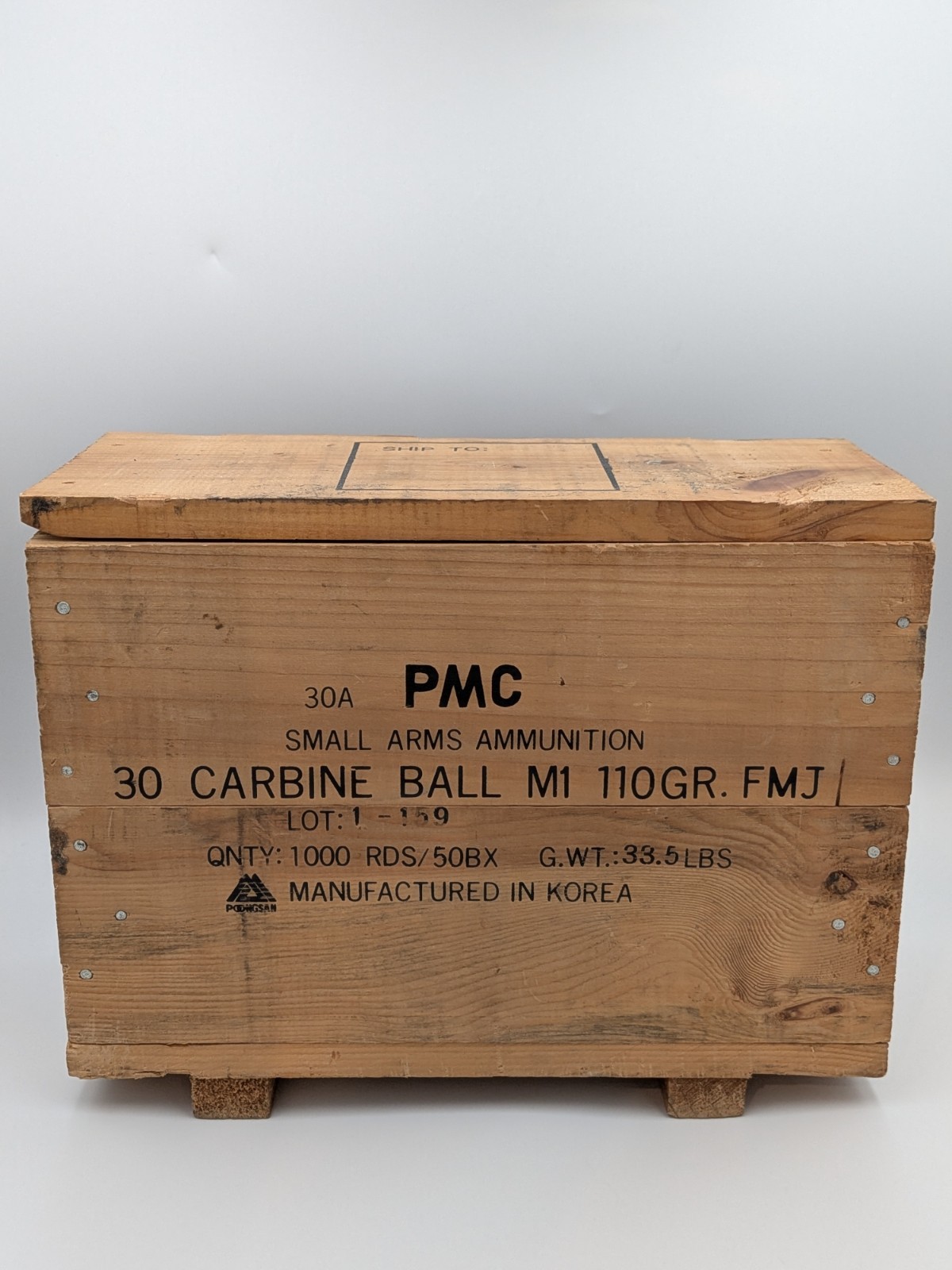 Vintage PMC 30 Carbine Wooden Ammo Crate Poongsan Korea Box Lid Military Surplus