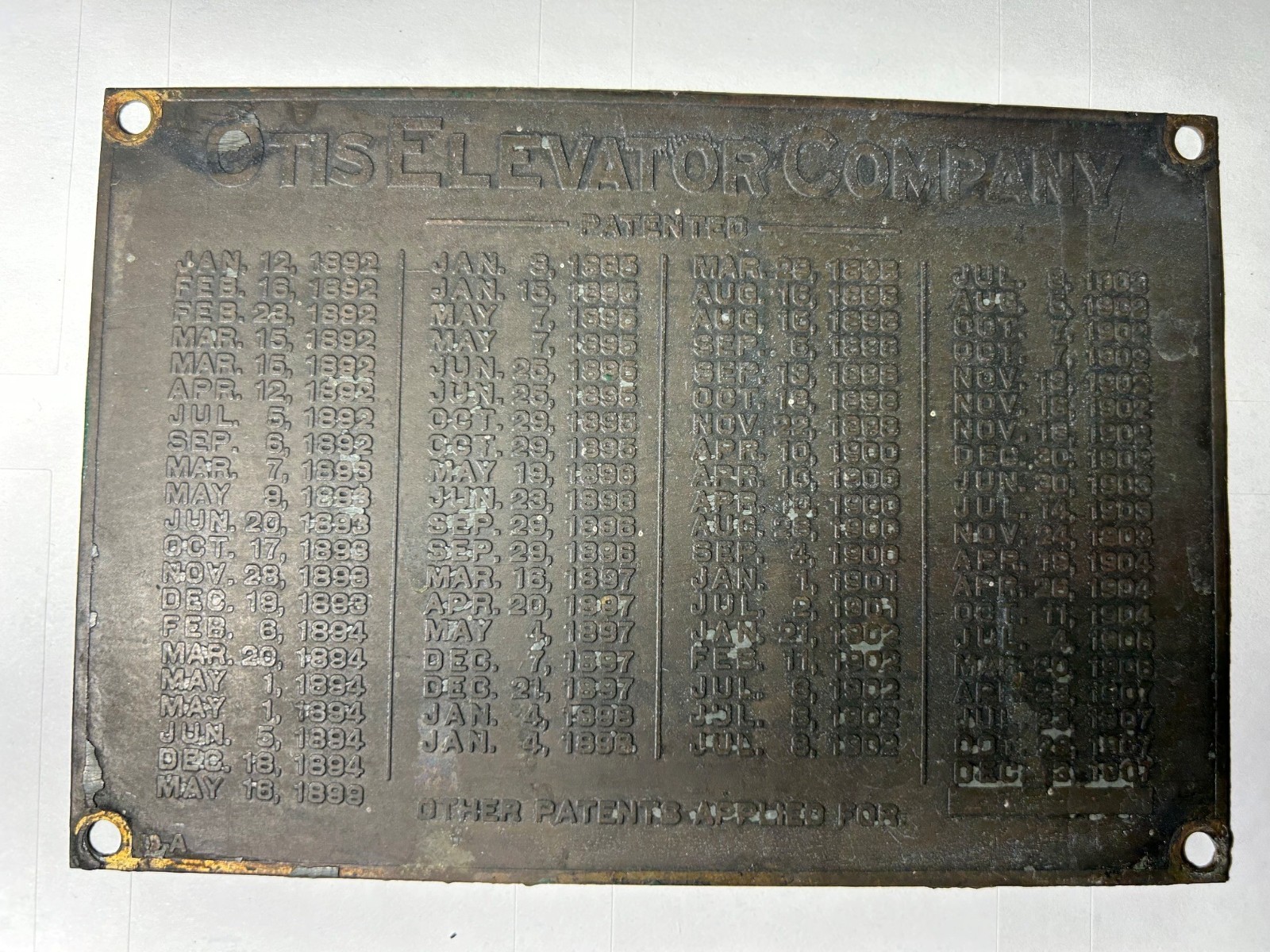 ANTIQUE OTIS ELEVATOR COMPANY PATENTS PLATE/PLAQUE